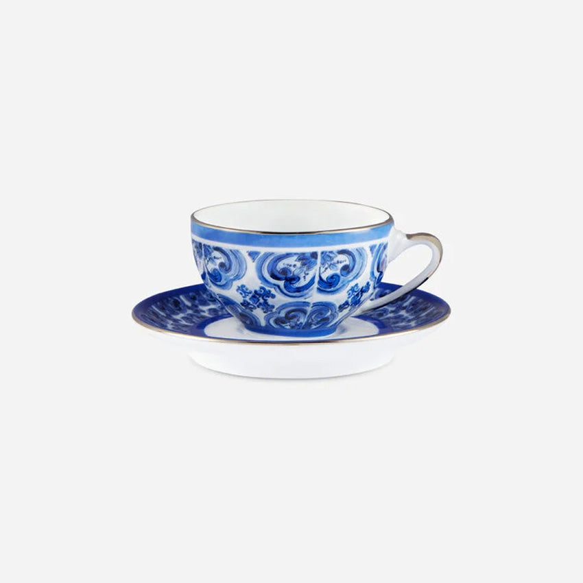 Dolce & Gabbana Casa Blue Mediterraneo Fiore Piccolo Espresso Cup and Saucer Set - Italian Ceramic Coffee Set for Home & Cafe Use
