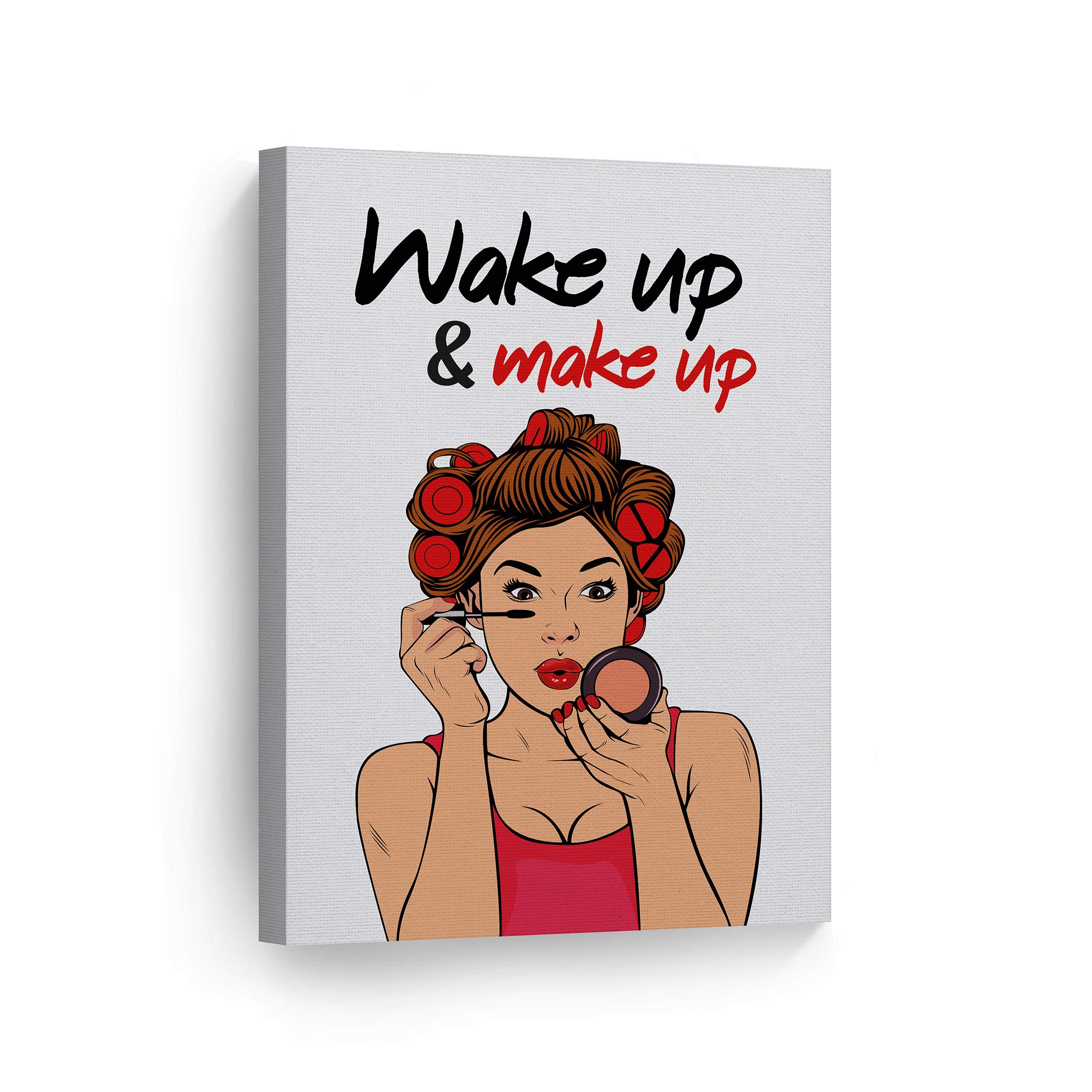 Smile Art Design Wake Up Make Up Canvas Print - Pretty Woman Bathroom Sign Wall Decor (40x30 Inches) | Ready to Hang Bathroom Wall Art, Home Decoration | Made in USA | Perfect for Powder Rooms, Guest Baths & Vanity Areas