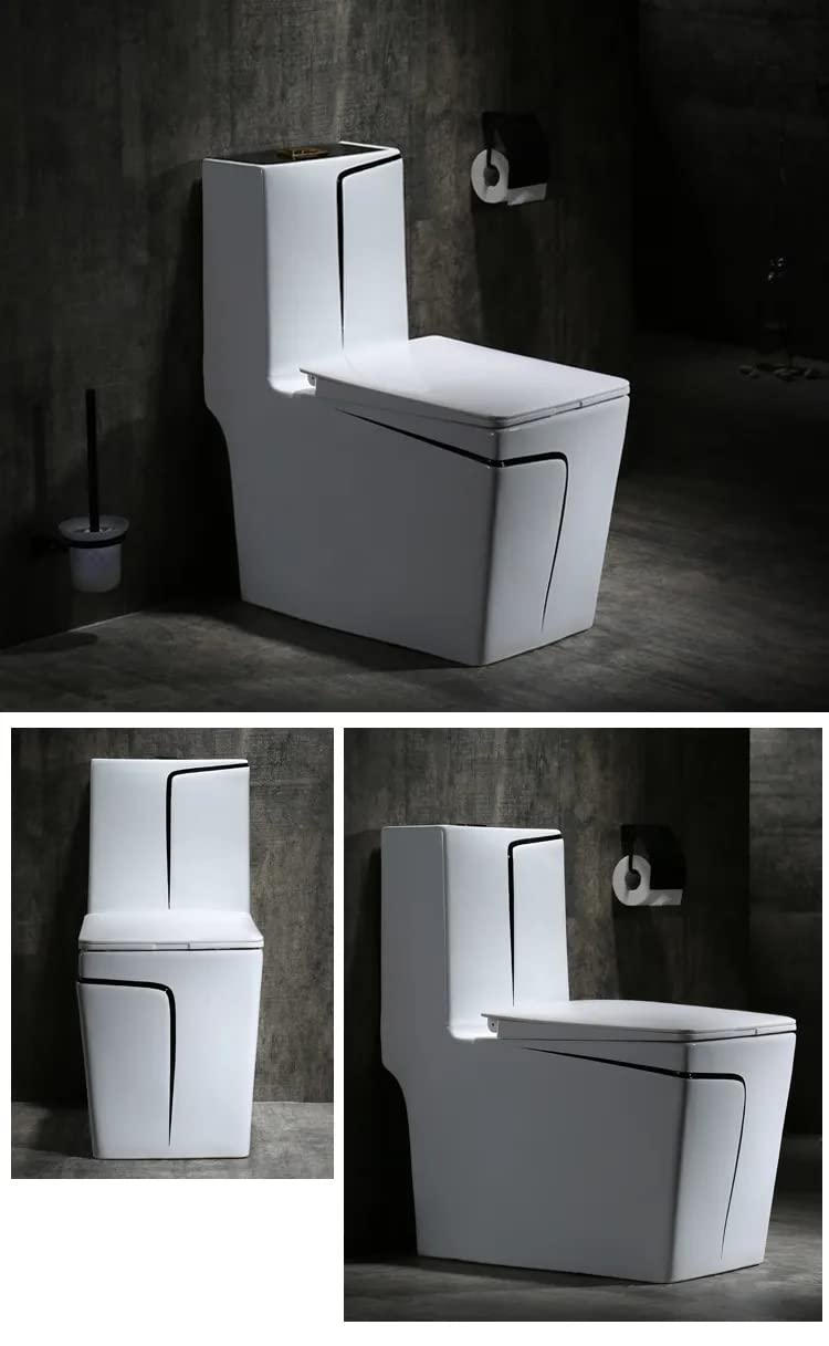 InArt Syphonic Washdown Flush Ceramic One-Piece Western Toilet - Glossy Black & White Modern Water Closet Commode for Bathroom, Home & Office Use