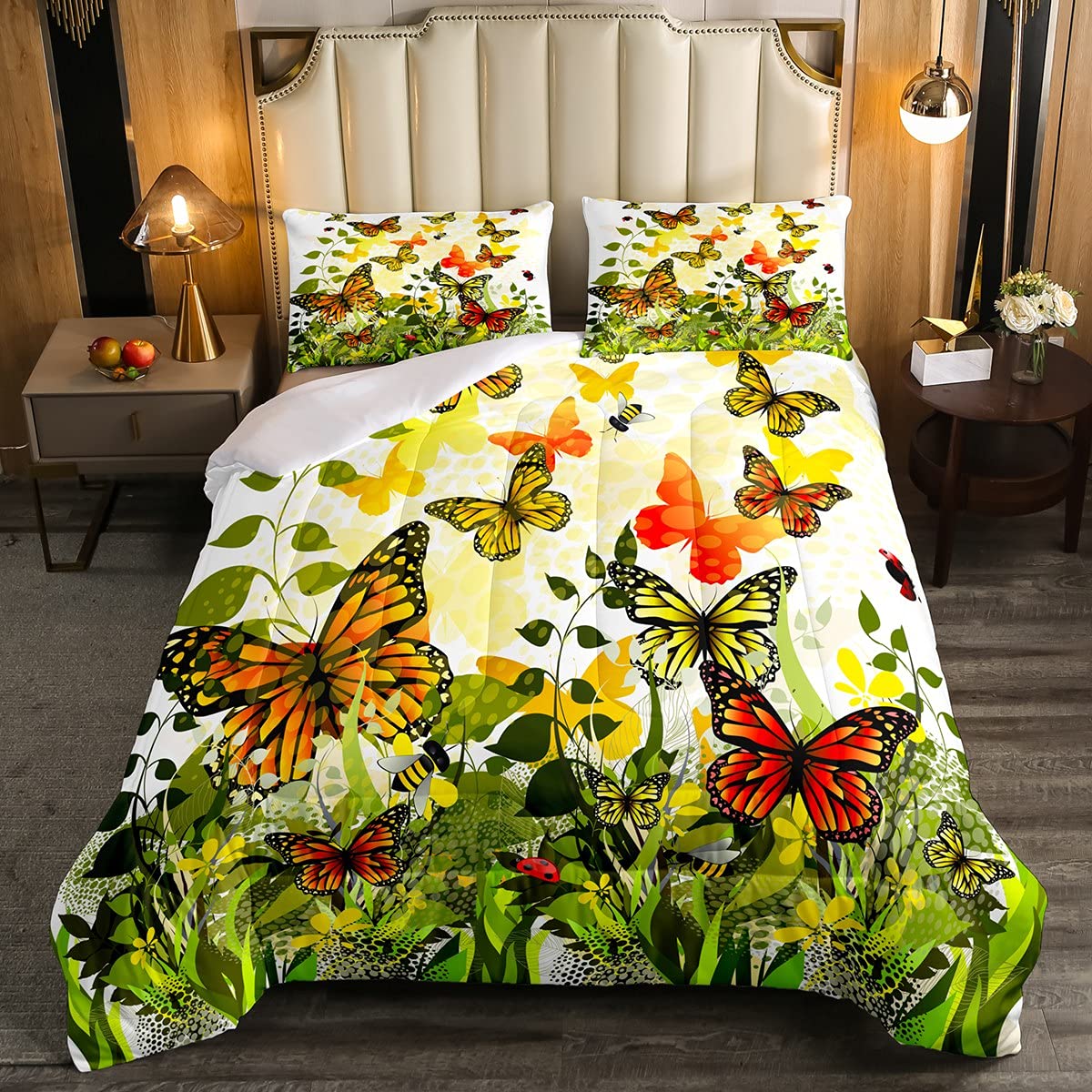 Queen Size Butterfly & Bee Comforter Set - Colorful Cartoon Animal Duvet Cover with 1 Comforter & 2 Pillowcases for Kids' Bedroom | Dreamlike Garden Theme Bedding for Boys & Girls | Soft Down Alternative Quilt for Nursery, Children's Room Decor