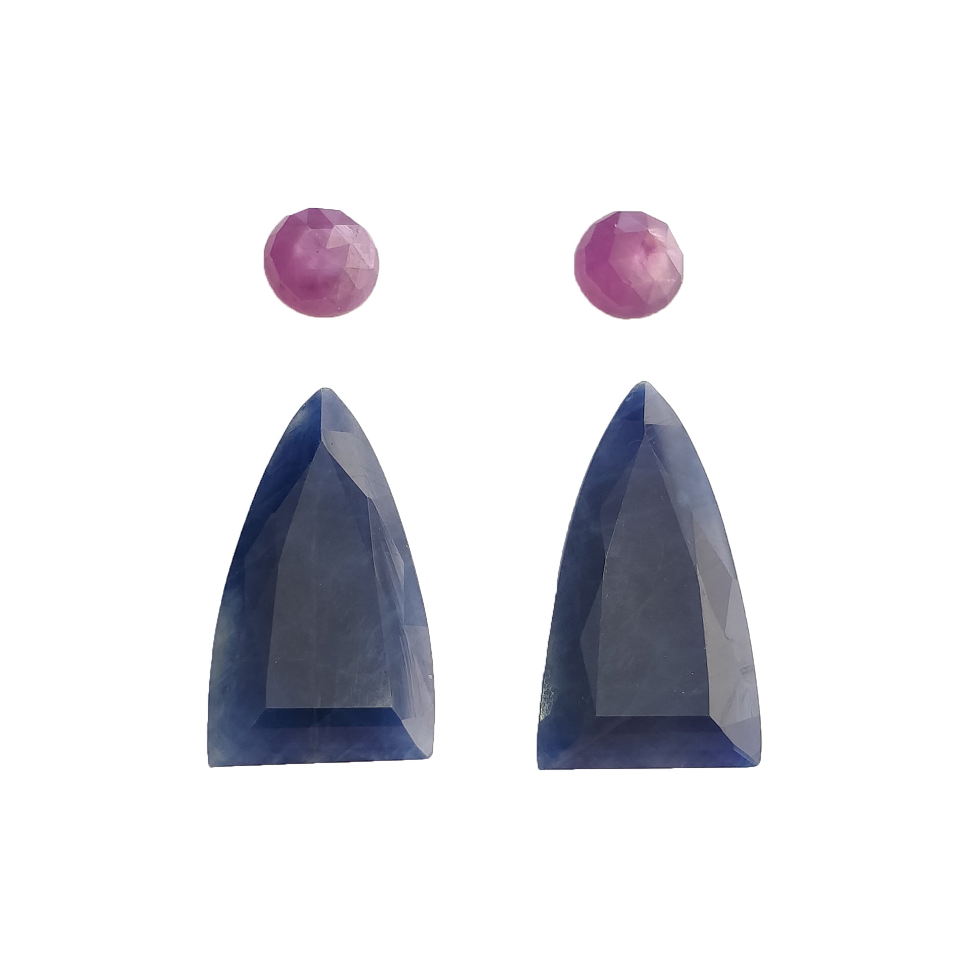 Natural Untreated Blue & Pink Sapphire Gemstones - 29.40cts Rose Cut & Normal Cut - Triangle & Round Shape (7mm, 23*13mm) 4pc Set - Perfect for Jewelry Making, Engagement Rings & Luxury Gifts