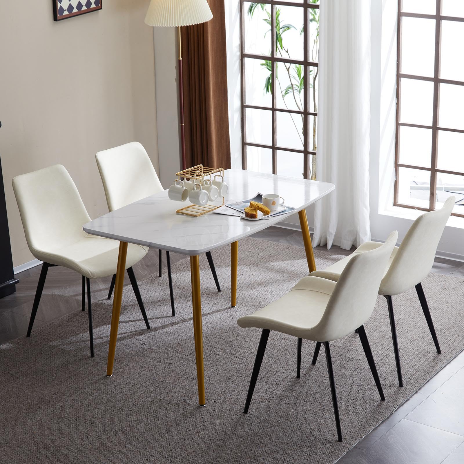 4-Piece Iron Pipe Curved Dining Chair Set - Disassembled PU Leather Chairs with Cushioned Seat & Backrest - Modern Industrial Style for Kitchen, Dining Room, Lounge & Living Room - Off-White - Perfect for Home Decor, Restaurant or Cafe Seating