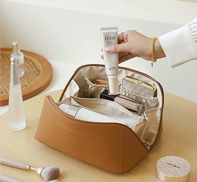 GREENITYA Large Leather Makeup Bag - Waterproof Travel Cosmetic Organizer for Skincare & Toiletries