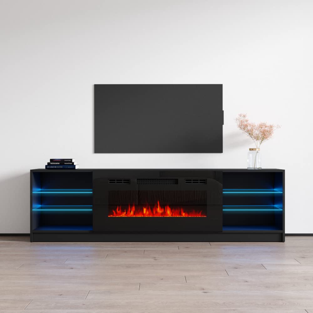 Modern High Gloss TV Stand with Electric Fireplace & LED Lights - 90