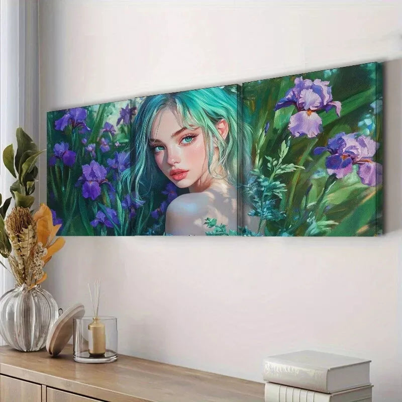 3-Piece Purple Flowers Lady with Green Eyes Wall Art Set - Framed Canvas 40x60cm | High Quality Print | 100% Australian Made | Ready to Hang | Perfect for Living Room, Bedroom & Office Decor
