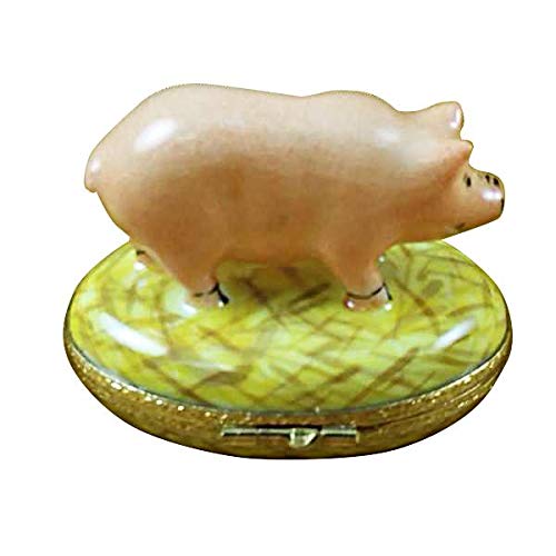 French Limoges Porcelain Pig on Straw Figurine Box - Hand-Painted Collectible Gift for Home Decor, Christmas, Birthday & Anniversary