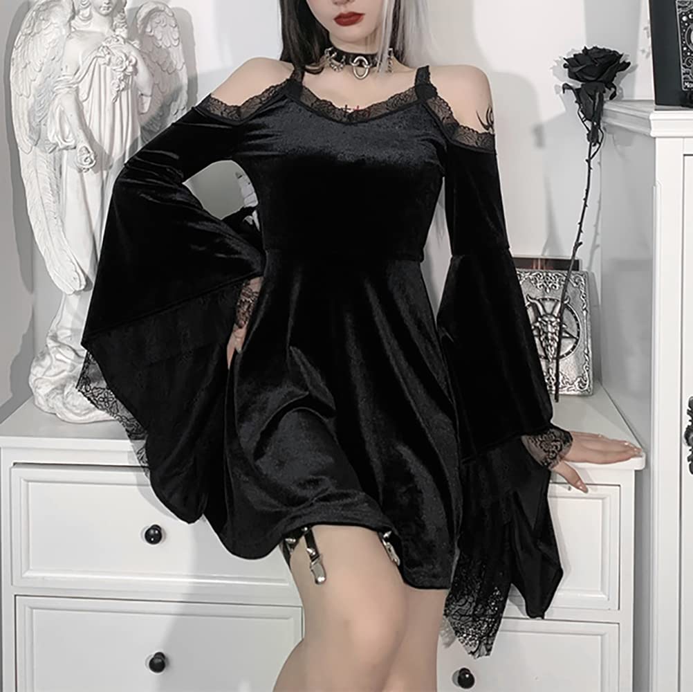 Floral Long Sleeve Off Shoulder Mini Dress for Women - Retro Velvet Lace Party Dress for Halloween, Date Night & Special Occasions