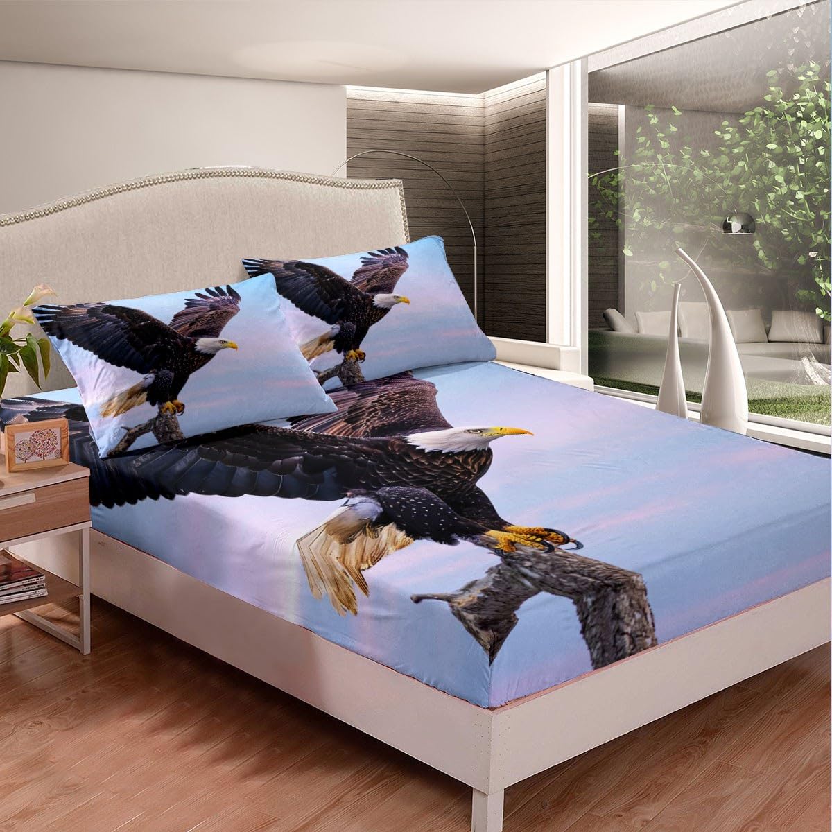 Manfei Eagle Fitted Sheet Set - 3PC Full Size Microfiber Bedding with Flying Eagle Tree Stump Print for Kids & Boys - Animal Theme (1 Fitted Sheet + 2 Pillowcases) - Perfect for Kids' Rooms, Dorm Decor & Wildlife Themed Bedrooms