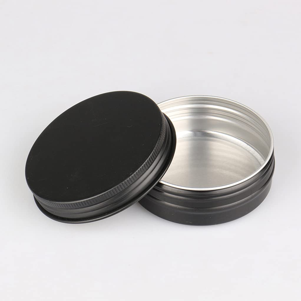 100 Pcs 60ml (60g) Empty Round Black Aluminum Tin Jars with Screw Lids - Cosmetic Containers for Lip Balm, DIY Candle, Salve, Powder Storage - Includes 3 Aluminum Spoons & 100 Labels (5cm Diameter) - Perfect for DIY Crafts, Homemade Beauty Products, and Small Item Organization