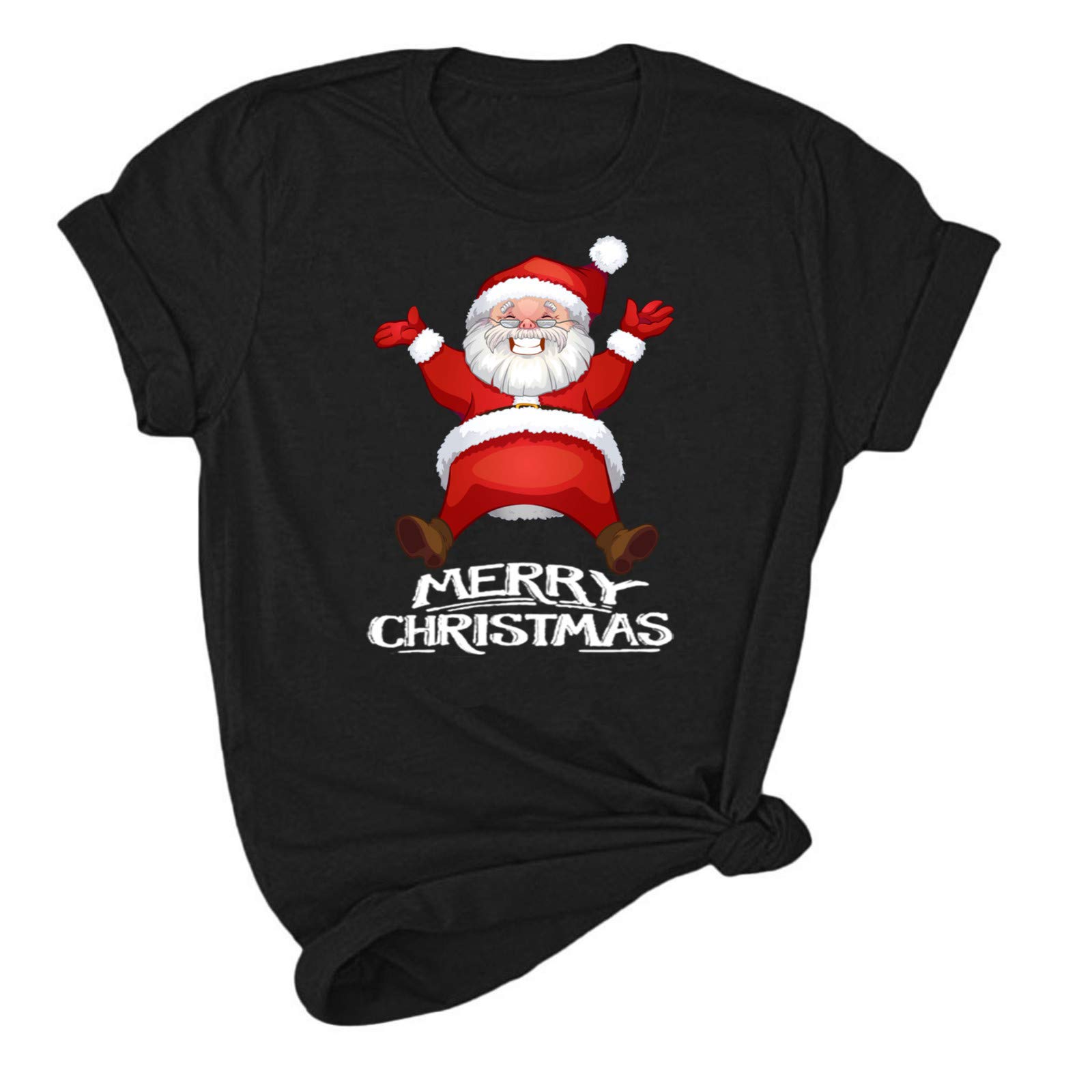 Women's Christmas Santa Sleeve Short T-Shirt with Snowflake Print & White Lace - Casual Holiday Blouse for Xmas Parties, Gift Exchange & Festive Gatherings