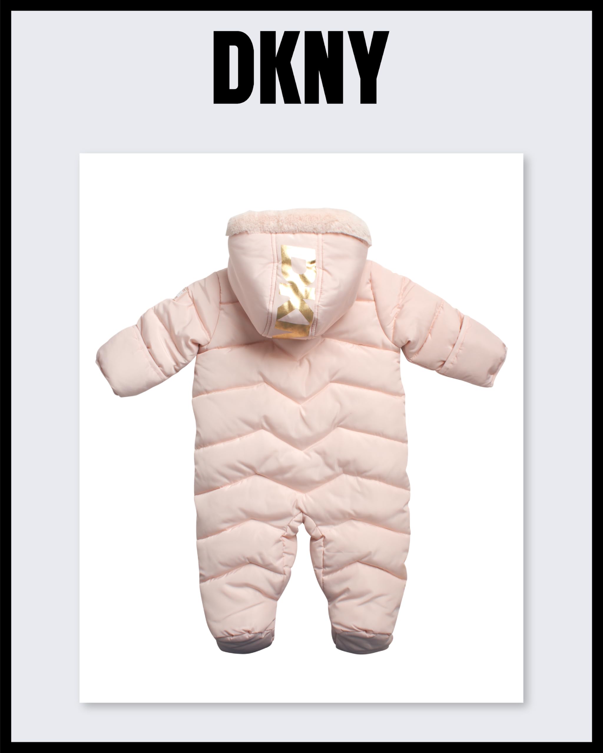 DKNY Baby Girls’ Hooded Fleece-Lined Winter Snowsuit – Warm Zip-Up Snow Pram Jacket for Newborns & Infants (0-24 Months) – Perfect for Winter Outings, Snow Play & Cold Weather Protection