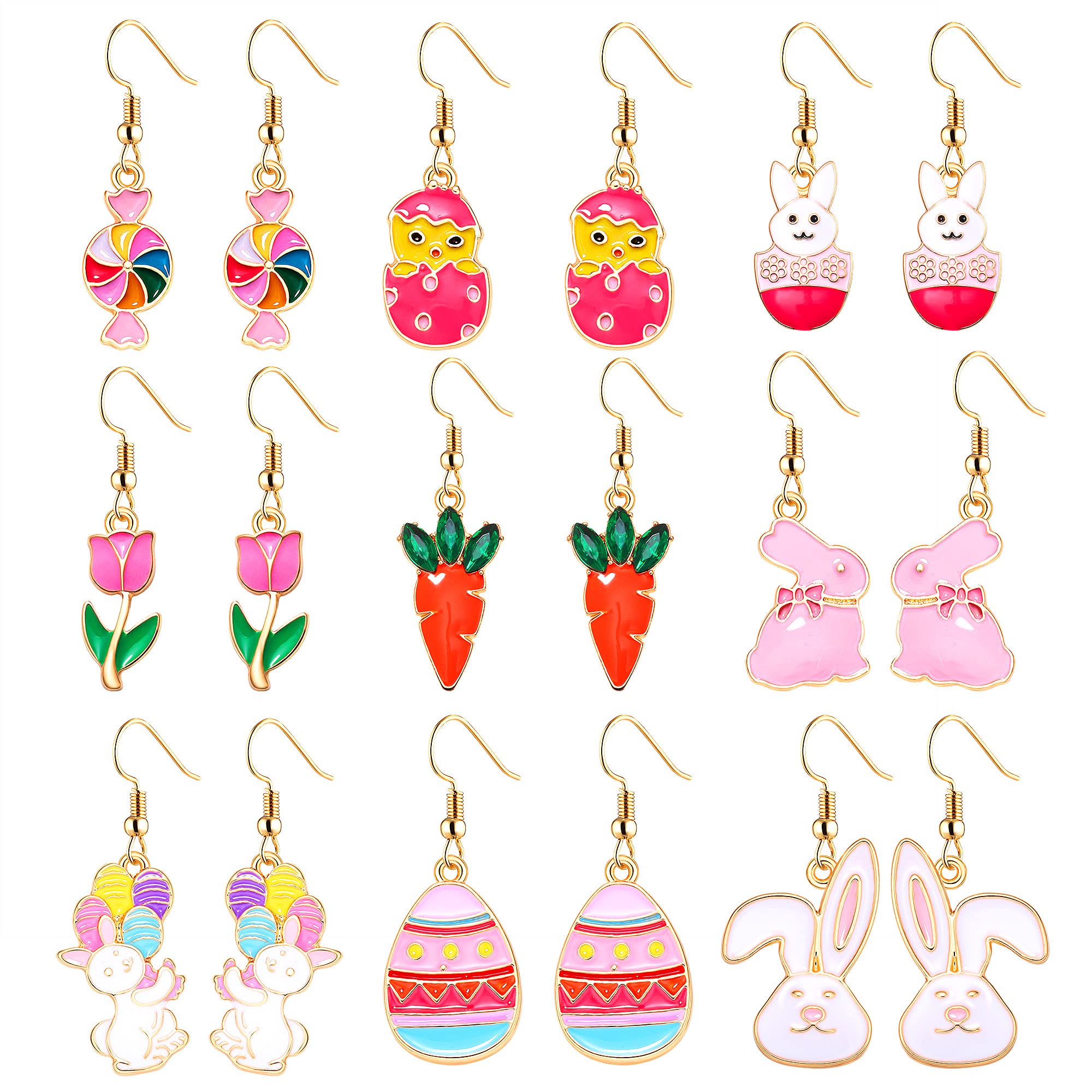 12 Pairs Easter Bunny Drop Earrings for Women - Colorful Enamel Rabbit Dangle Earrings with Egg Designs - Cute Easter Jewelry Gift Set for Party, Easter Egg Hunt & Spring Festival Accessories