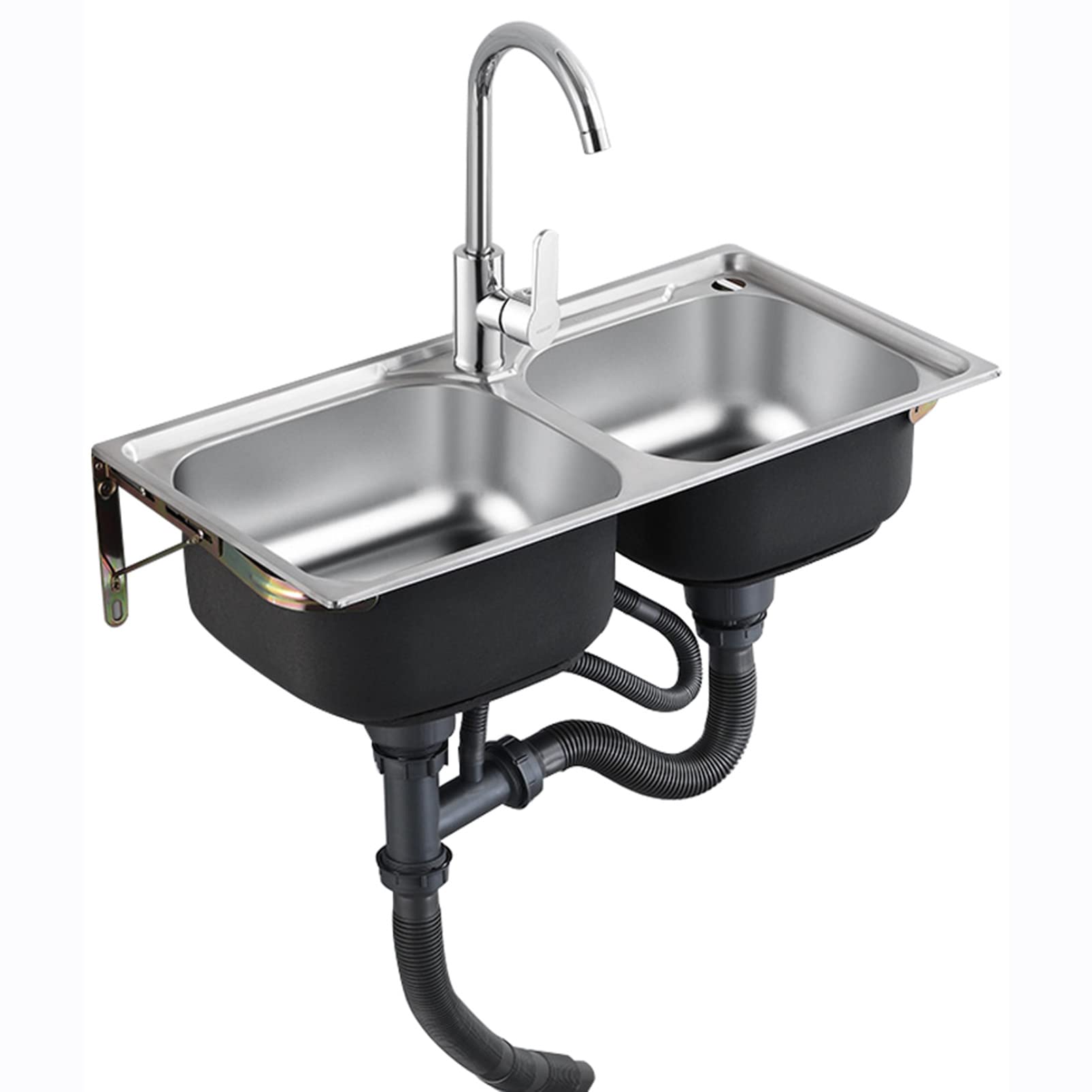 304 Stainless Steel Wall Mount Utility Sink with Faucet - 2-Compartment Laundry Tub & Kitchen Sink for Garage, RV, Restaurant, Outdoor Use - Durable Wash Basin for Commercial & Home Scenarios