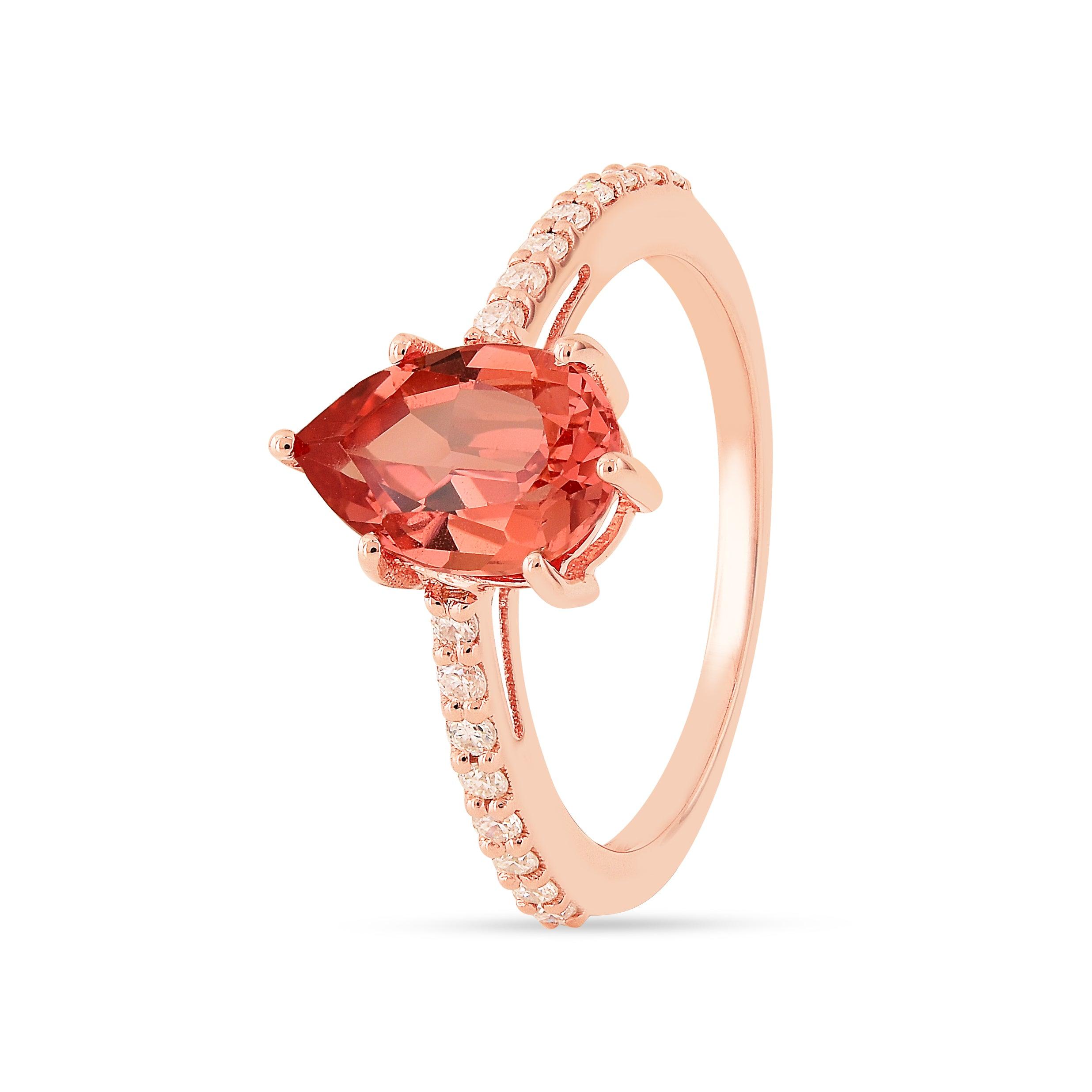 Exquisite Peach Sapphire Teardrop Ring | 14K Gold Plated Elegant Jewelry | Perfect for Weddings, Anniversaries & Special Occasions