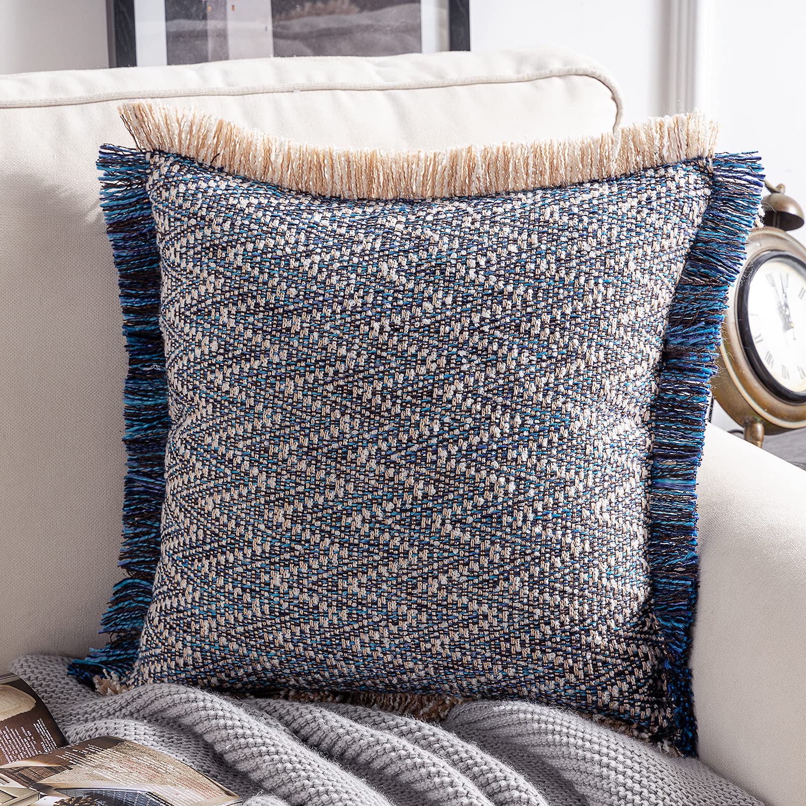 Bohemian Decorative Throw Pillow Cover with Insert - 20x20 Inch Handwoven Textured Square Cushion with Fringe Trim, Dark Blue Farmhouse Style Pillow for Sofa, Bed & Home Decor