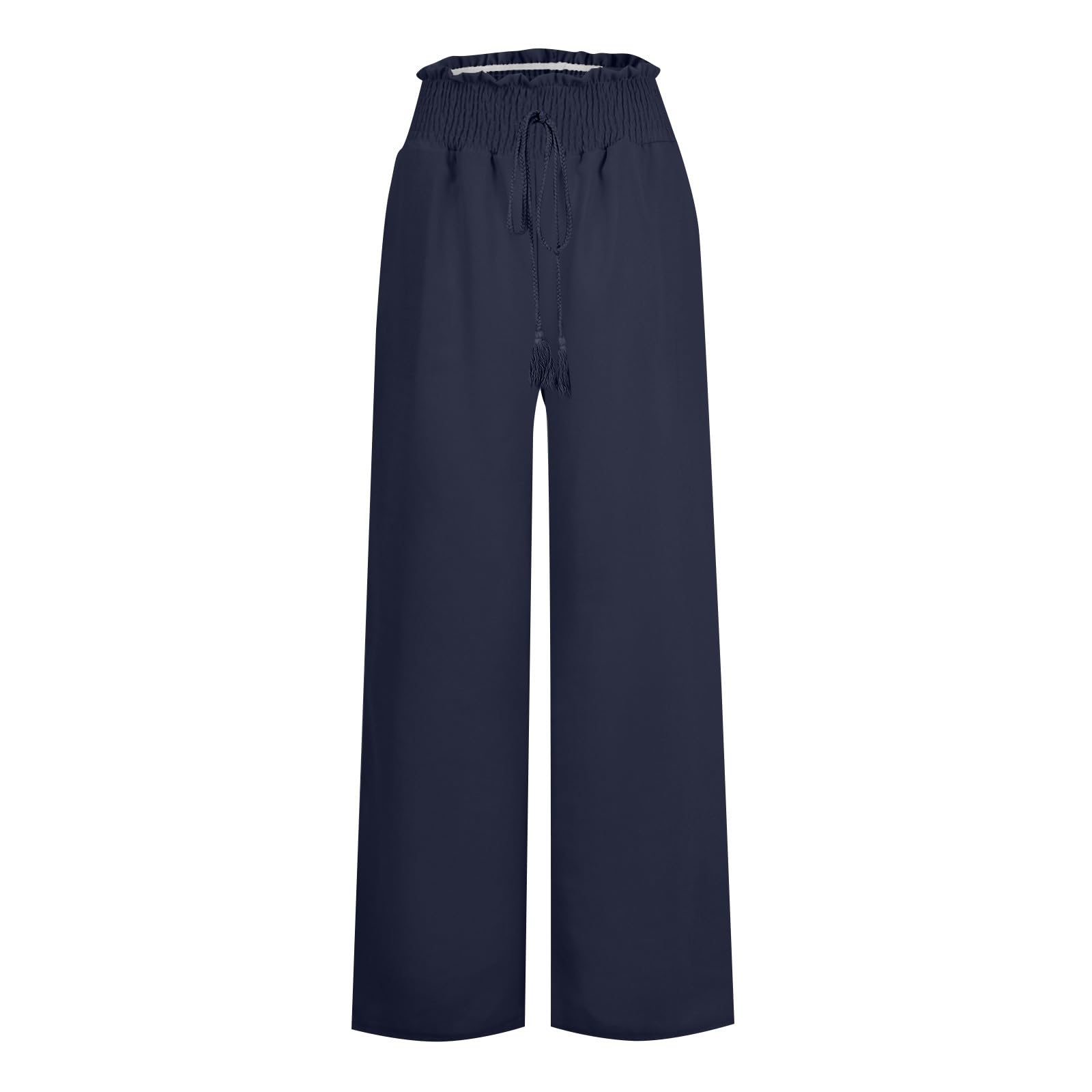 Women's Linen Palazzo Pants - Casual Wide Leg Drawstring Lounge Trousers with Pockets - Breathable Summer Beach Pants for Women - Small Size - Dark Blue #E4 - Perfect for Yoga, Travel & Relaxation