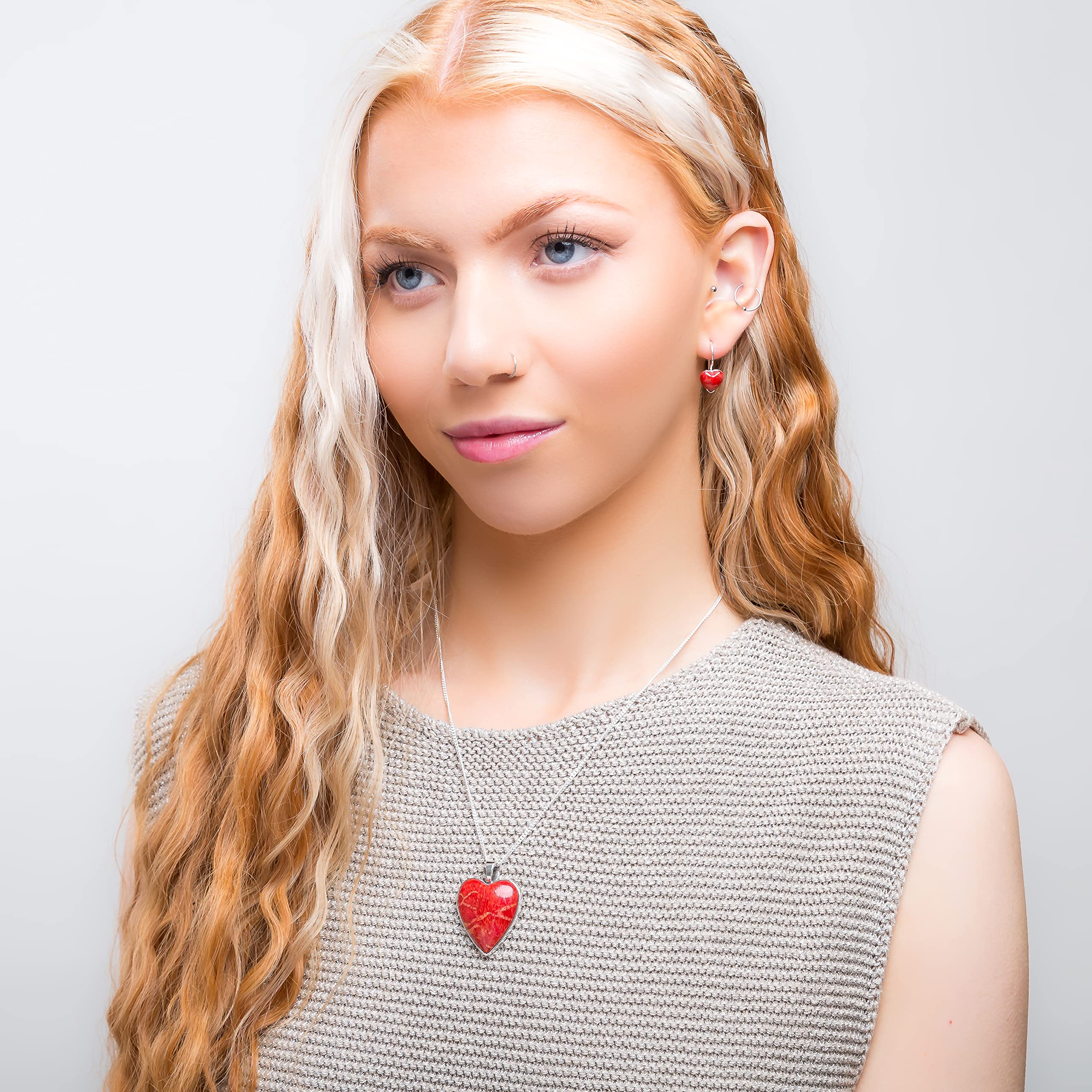 HENRYKA 925 Sterling Silver Red Horn Coral Heart Necklace & Earrings Set | Romantic Love Jewelry Gift for Women | Perfect for Anniversaries, Valentine's Day & Special Occasions