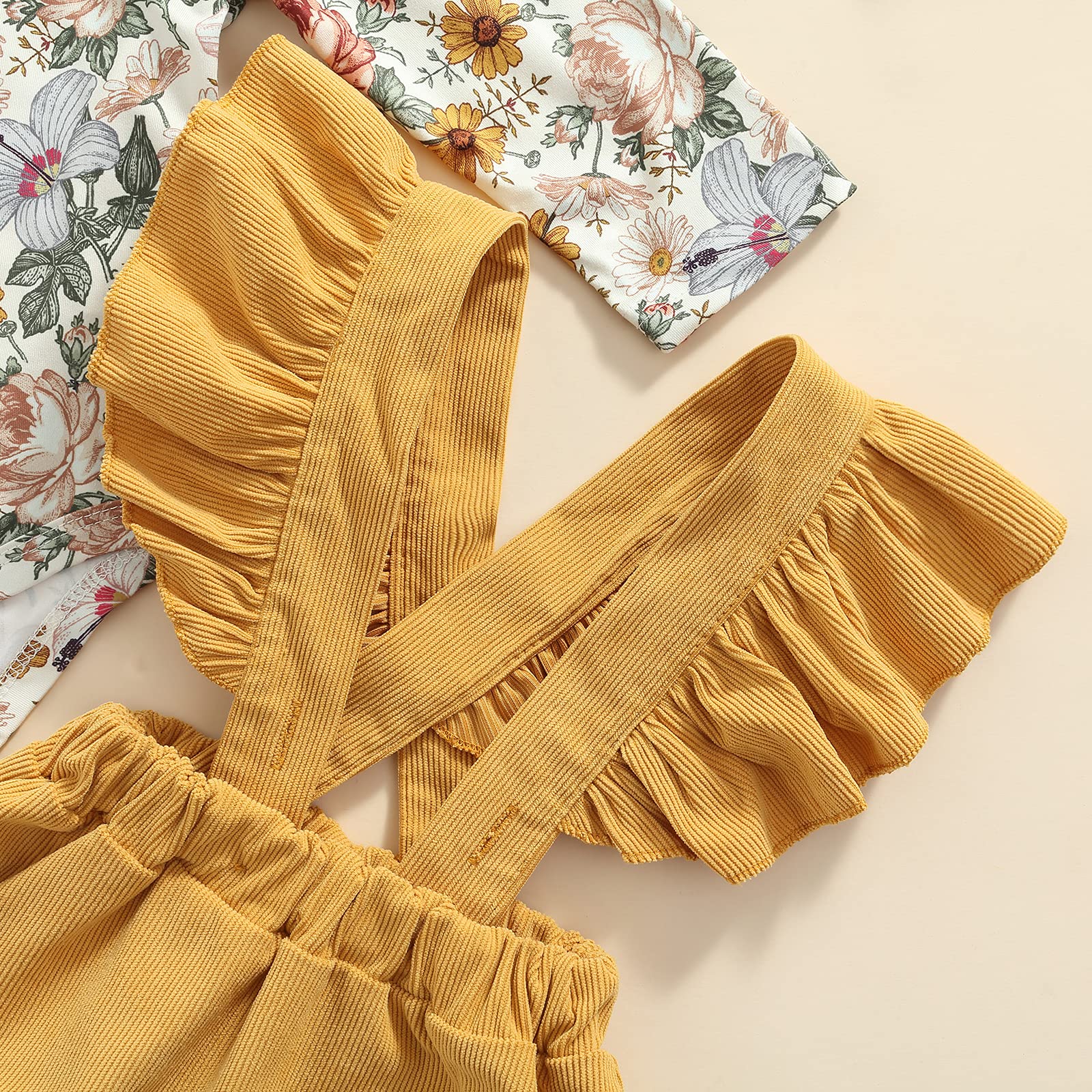 Newborn Baby Girl Outfits - Floral Ruffle Long Sleeve Romper & Suspender Skirt Set | Fall Infant Clothes | Perfect for Photoshoots, Family Gatherings & Special Occasions