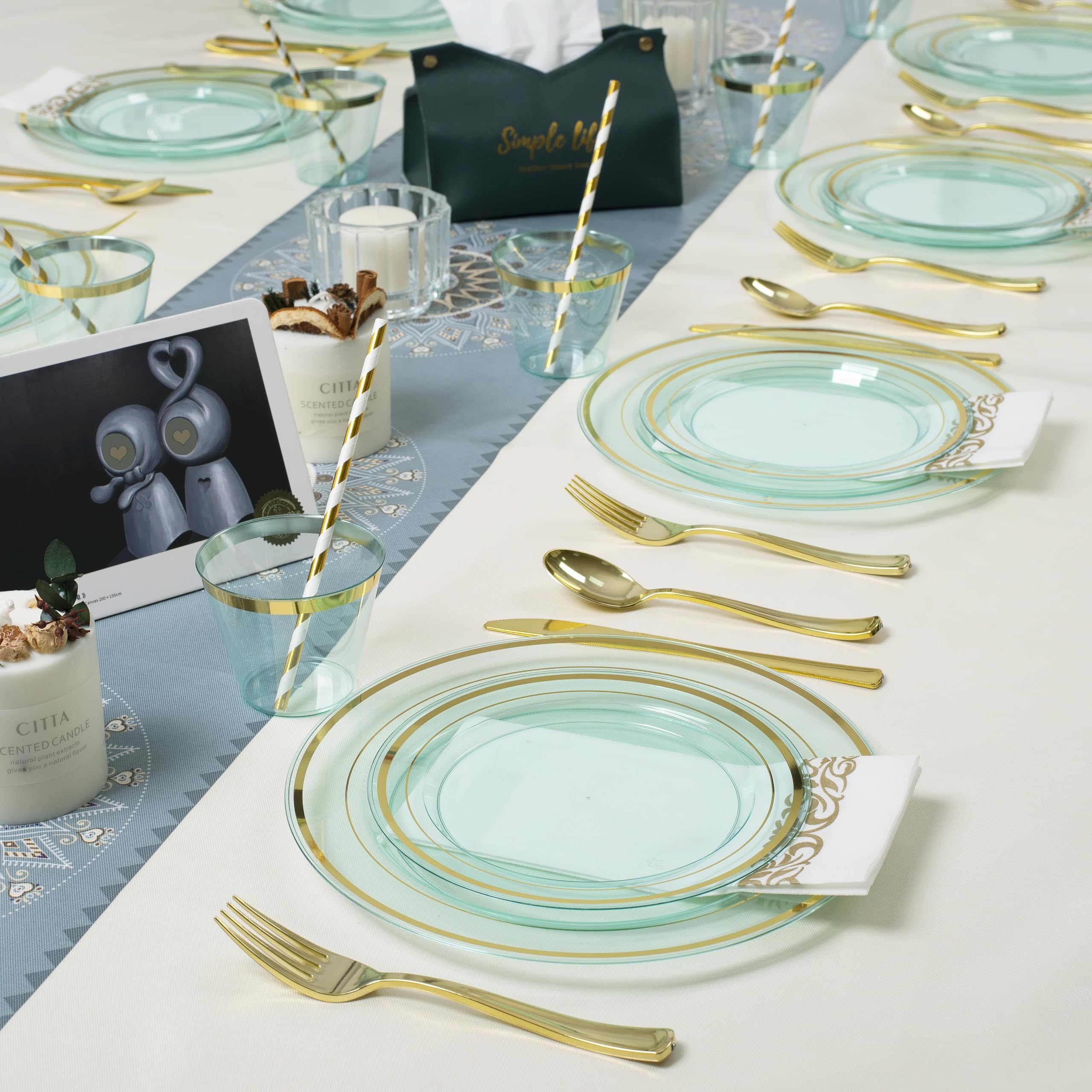 400-Piece Mint Green Disposable Plastic Plates Set for 50 Guests - Heavy Duty Dinner Plates, Fancy Dessert Plates, Gold/Silver Cutlery, Cups, Napkins & Straws - Perfect for Weddings, St. Patrick's Day, Easter & Party Events