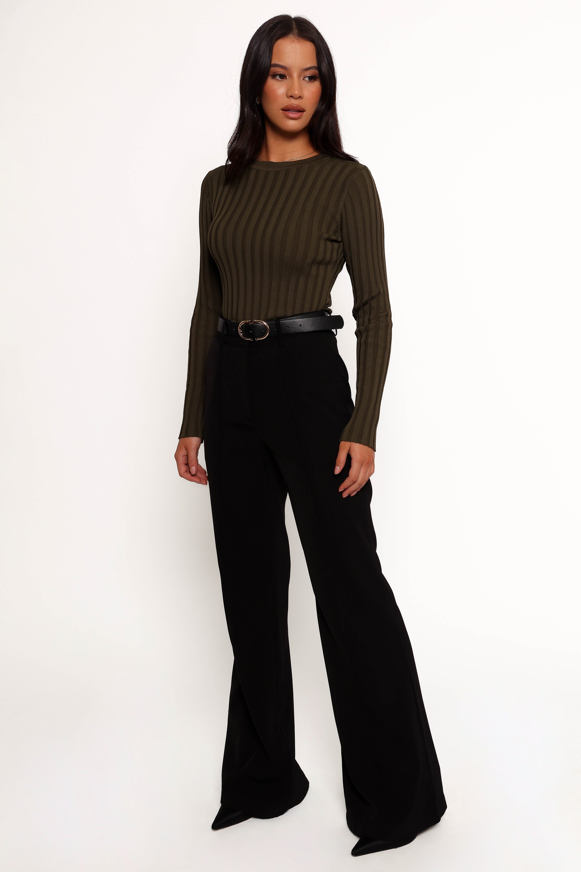 Aneesa Women's Wide Rib Knit Top - Soft Stretch Casual Long Sleeve Shirt in Dark Olive | Perfect for Fall Layering, Office Wear & Weekend Outfits