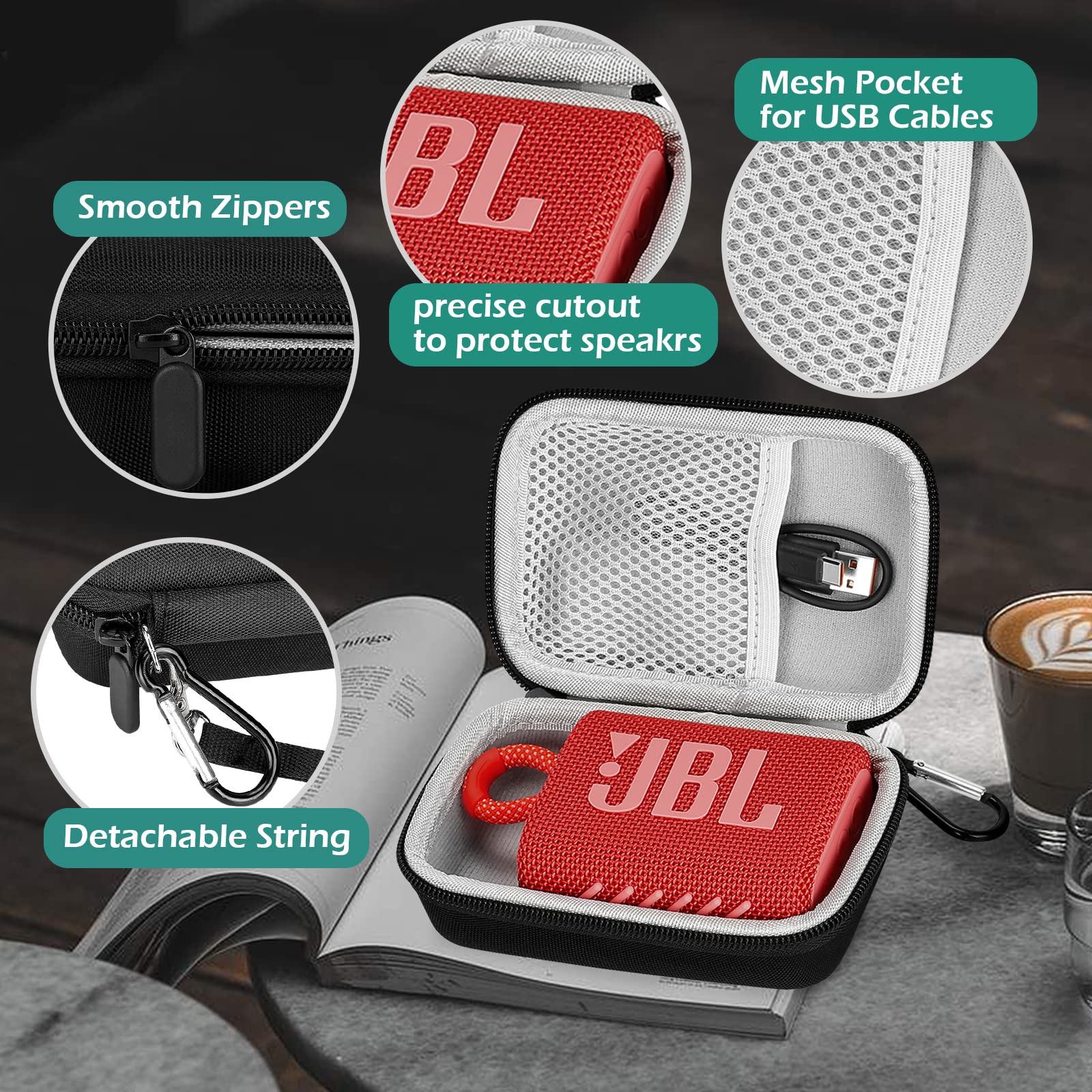 GeeRic EVA Hard Case for JBL GO3 Speaker - Shockproof & Waterproof Protective Cover with Gray Liner - Perfect for Outdoor, Travel, Camping & Beach Use