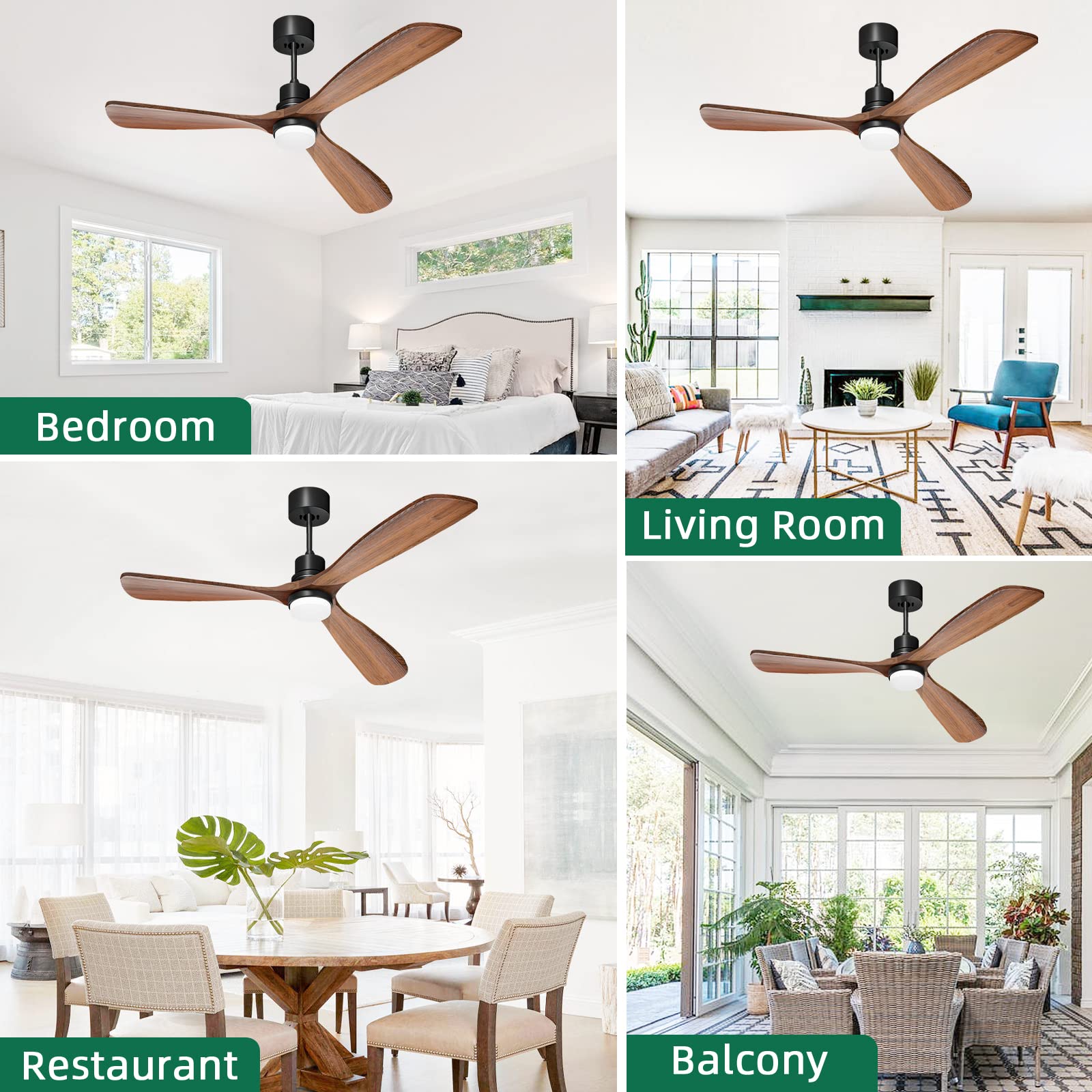 Obabala 60 Inch Modern Ceiling Fan with Light and Remote Control - 3 Reversible Wood Blades, Silent DC Motor for Indoor/Outdoor Use - Perfect for Patios, Farmhouse, Bedroom, and Living Room