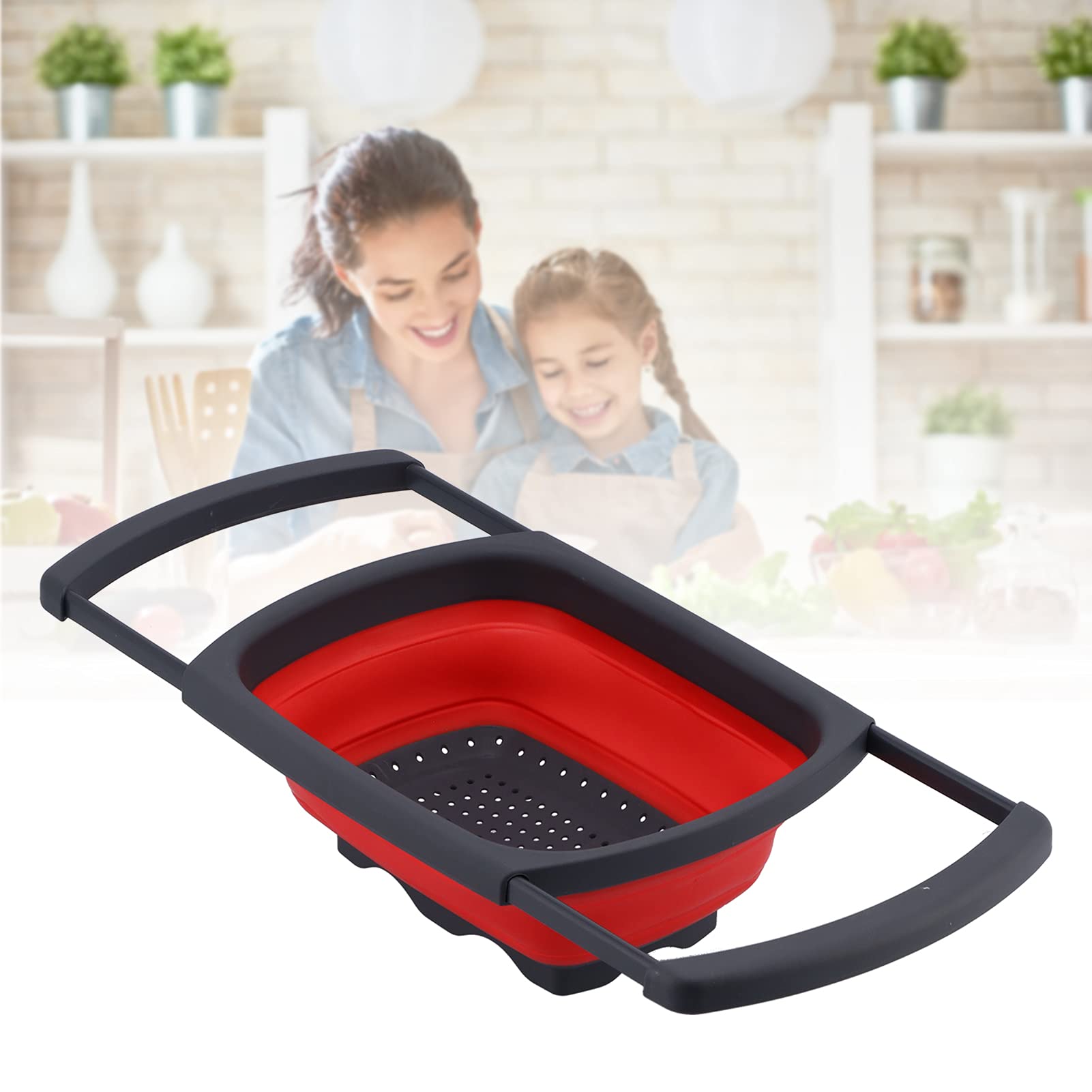 **Expandable Fruit & Vegetable Colander Basket - Lightweight Collapsible Kitchen Strainer for Washing, Draining Produce - Perfect for Kitchen, Dining Room, Camping (Red)**