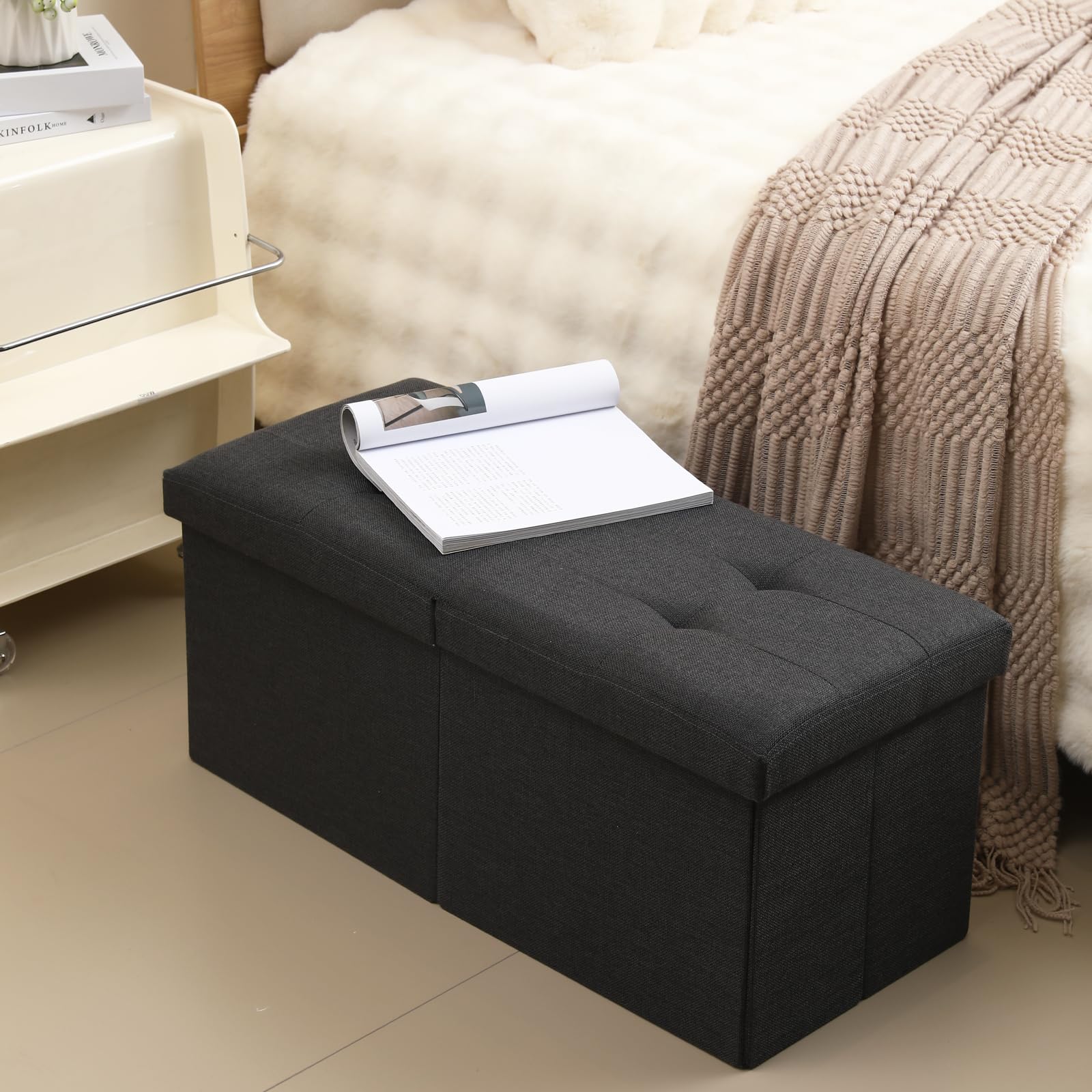 Foldable Storage Ottoman Bench with Flipping Lid - 75L Large Capacity, 30 Inch Linen Fabric Footrest Shoe Bench for Bedroom, Living Room & Entryway - Perfect for Extra Seating, Shoe Storage & Home Organization (Black)