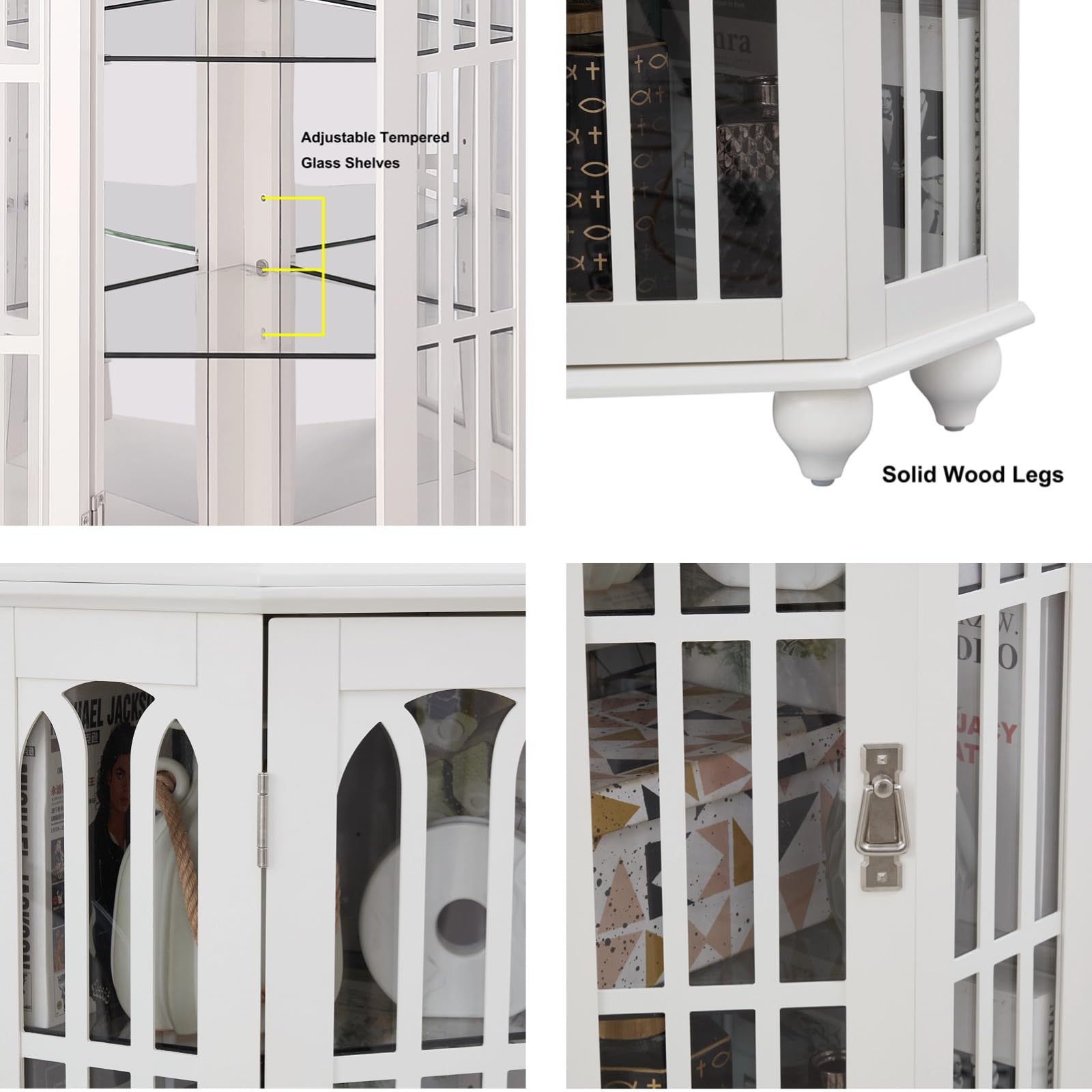 White Corner Curio Cabinet with 4 Adjustable Tempered Glass Shelves & LED Lighting - 3-Side Glass Display Cabinet with Acrylic Mirrored Back Panel - Perfect for Living Room, Dining Room, or Office Décor