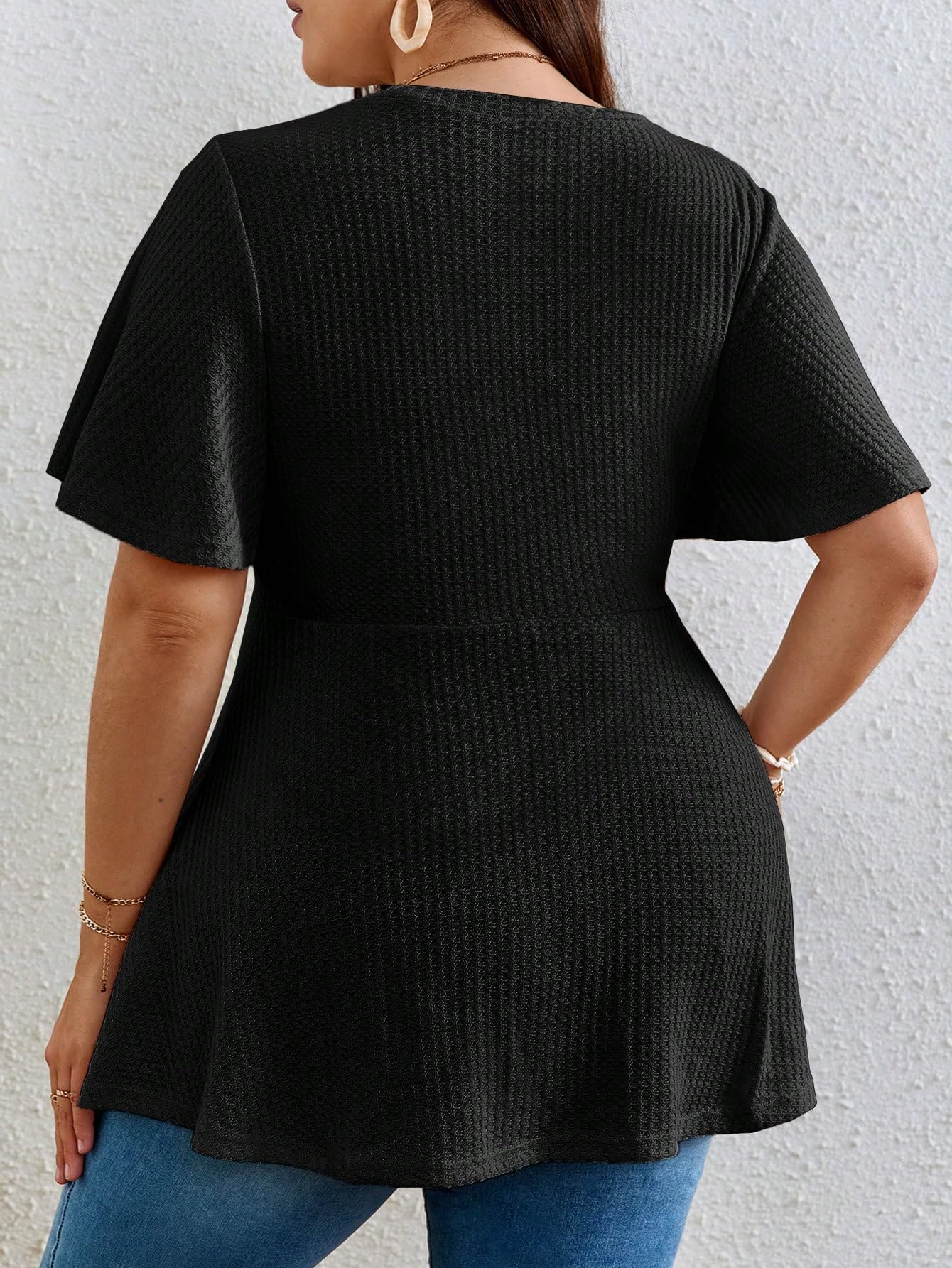 OYOANGLE Plus Size Women's Short Sleeve Peplum Blouse - Waffle Knit Flared Round Neck Tops for Casual Wear & Office Outfits