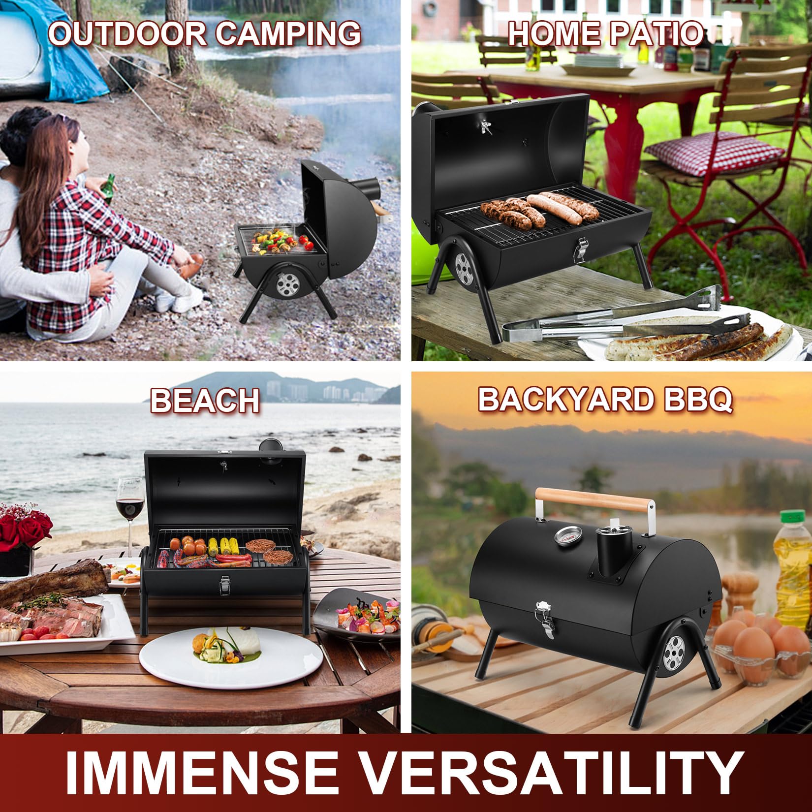 Joyfair Portable Charcoal Grill with Built-in Thermometer - Heavy Duty Stainless Steel Tabletop BBQ Grill for Outdoor Camping, Backyard Parties, Picnics & Tailgating - Easy Assembly & Innovative Design - Perfect for Grilling Burgers, Steaks, Vegetables & Seafood