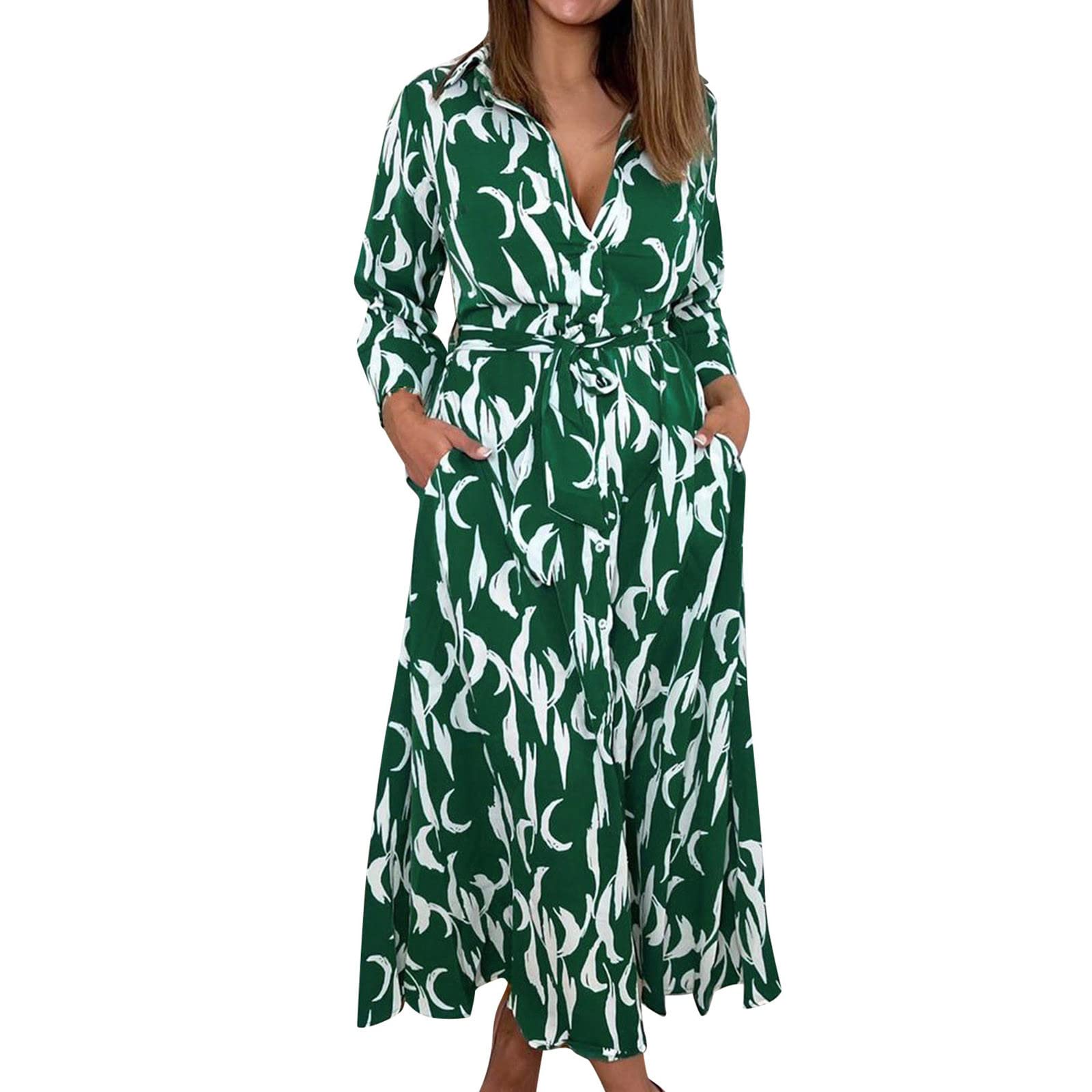 YZHM Women's Long Sleeve Button Up Shirt Dress - V Neck Lapel Belted Knee Length Dress with Pockets | Office Work, Spring Summer Casual Wear, Wedding Guest Outfit
