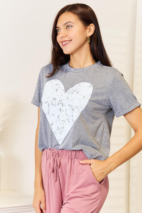 Heart Graphic Cuffed T-Shirt for Women - Heather Grey Cotton Tee | Casual Streetwear, Date Night Outfit