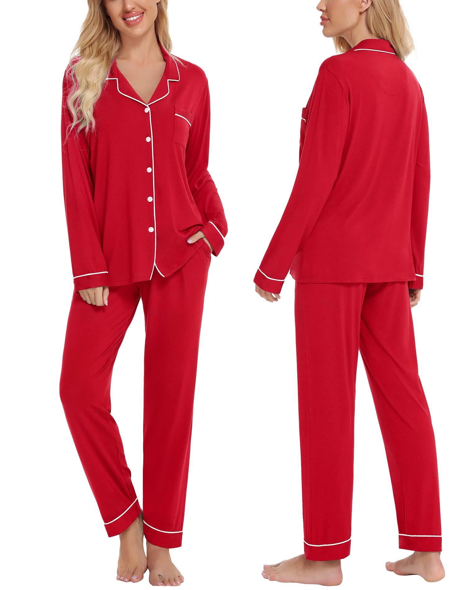 SWOMOG Women's Cotton Pajama Set - Long Sleeve Button Down Sleepwear & Lounge Outfit - Soft Comfy Nightwear for Relaxing at Home or Sleepovers