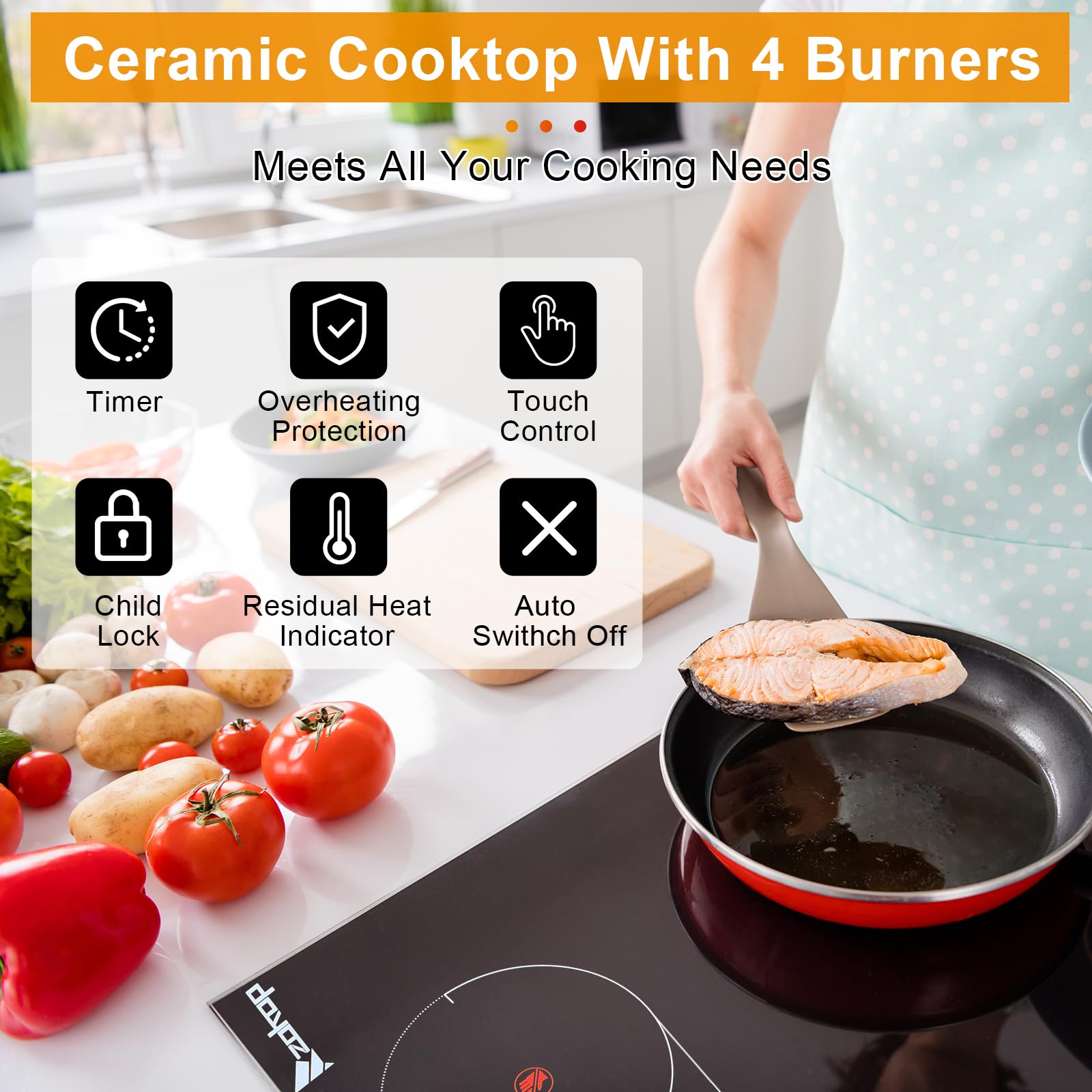 Winado 30 Inch 4 Burner Electric Ceramic Cooktop - 7200W, 220-240V Flat Top Stove with 9 Heating Levels, Timer, Child Safety Lock & Sensor Touch Control - Perfect for Home Kitchen, RV, Apartment & Small Spaces