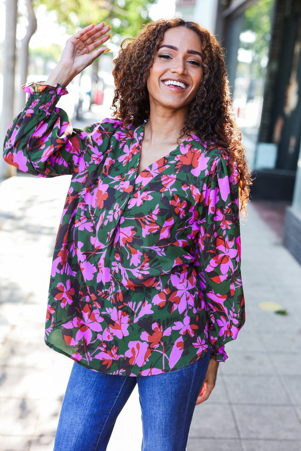 Eyes On You Forest Green Floral Smocked Bubble Sleeve V-Neck Blouse - Elegant Spring Summer Floral Top for Women, Perfect for Date Night, Garden Party & Casual Outings