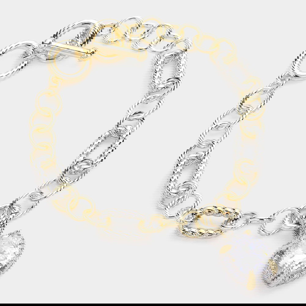 14K Gold Plated Oval CZ Stone Charm Two-Tone Chain Bracelet for Women - Elegant Jewelry Gift for Birthday, Anniversary & Special Occasions