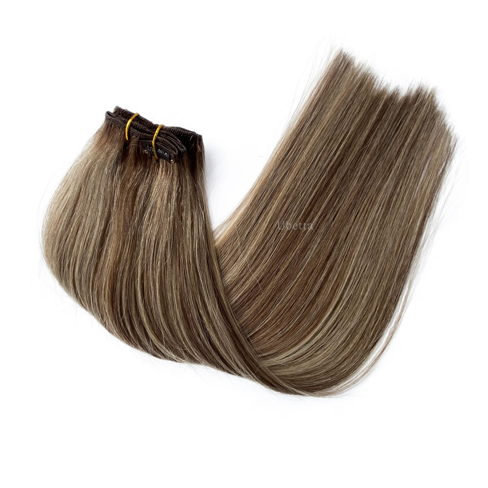 Clip in Hair Extensions 22 Inch - Ombre Brown to Chestnut Brown with Ash Blonde Highlights Balayage - 7pcs 70g Double Weft Straight Remy Human Hair - Natural Looking Hair Extensions for Women - Perfect for Daily Wear, Parties & Special Occasions