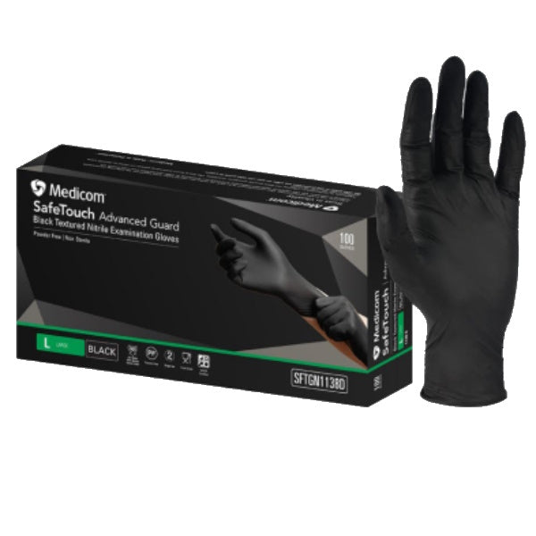 Medicom SafeTouch Nitrile Disposable Gloves - Black, Powder Free, Latex Free, 100 Pcs/Box - Ideal for Medical, Food Handling, Cleaning & Tattoo Use