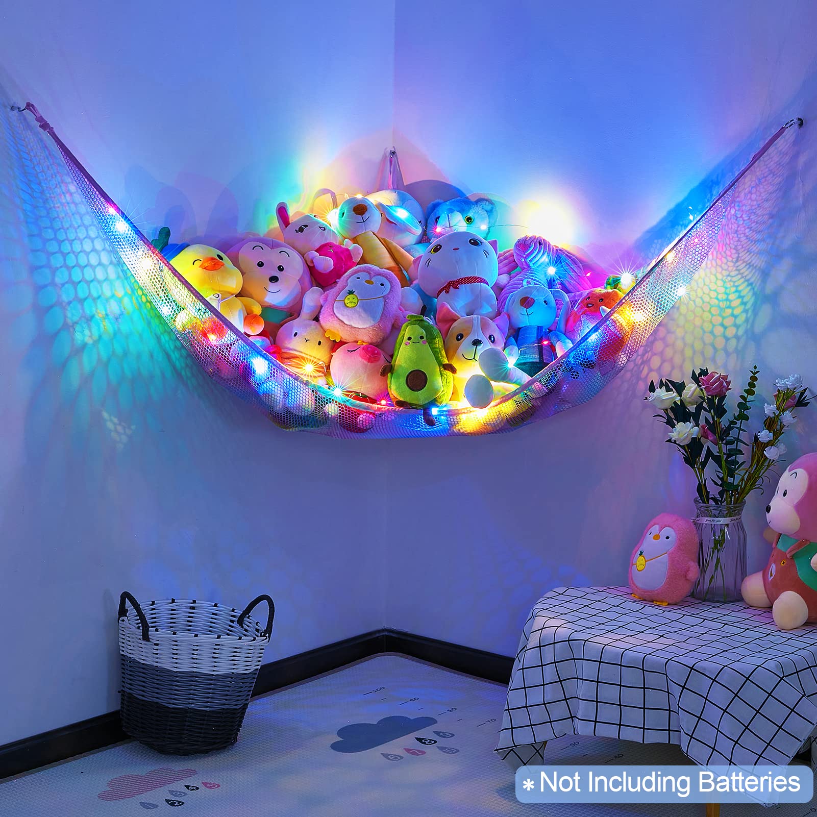 **Basumee LED Stuffed Animal Hammock with Remote Control - 8 Color Changing Lights, Hanging Toy Storage Net for Kids Room & Nursery - Perfect for Organizing Plush Toys, Stuffed Animals & Soft Toys**