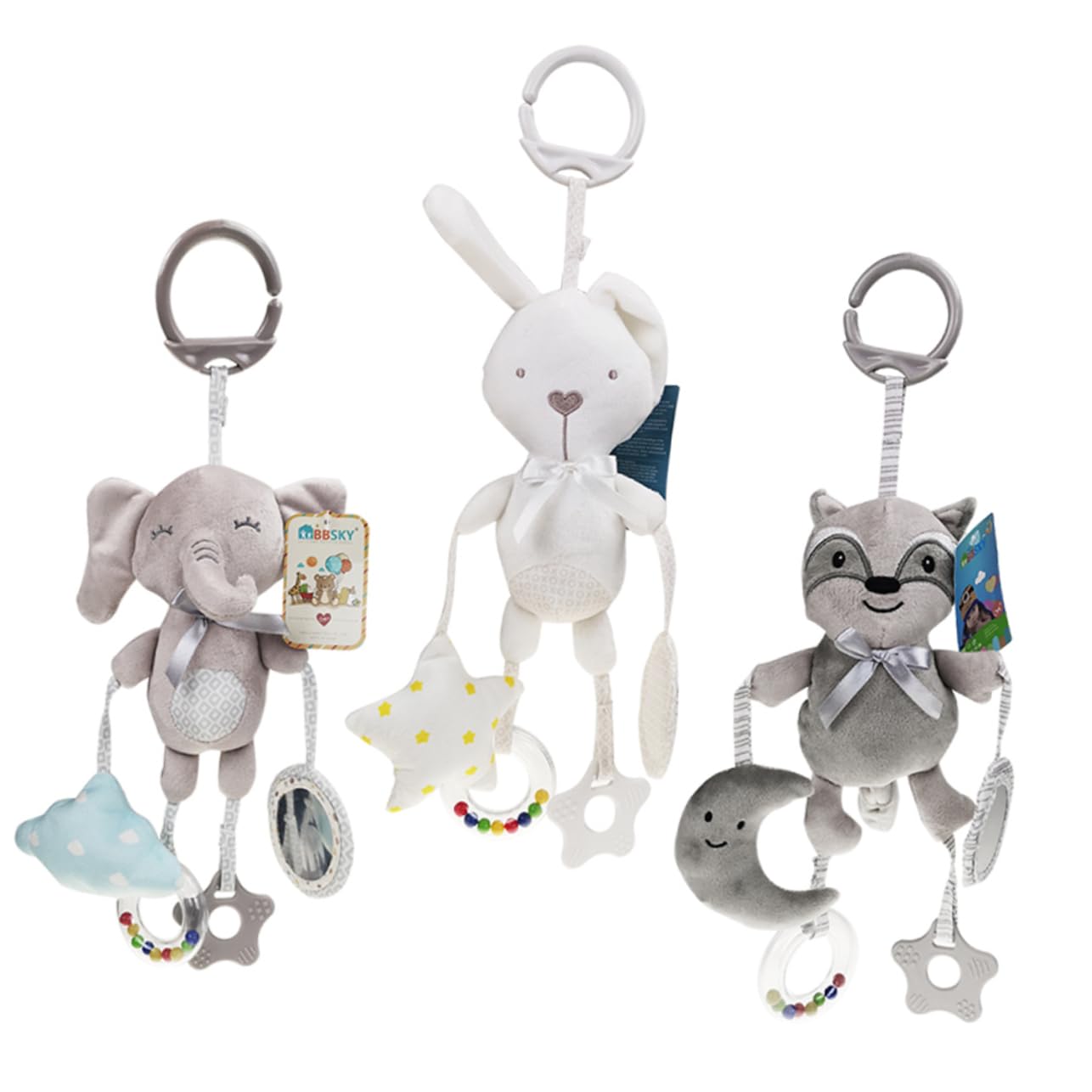Vaguelly Animal Plush Rattle Toy - Grey Hanging Rattles for Babies & Toddlers - Perfect for Cribs, Strollers, and Playtime Fun