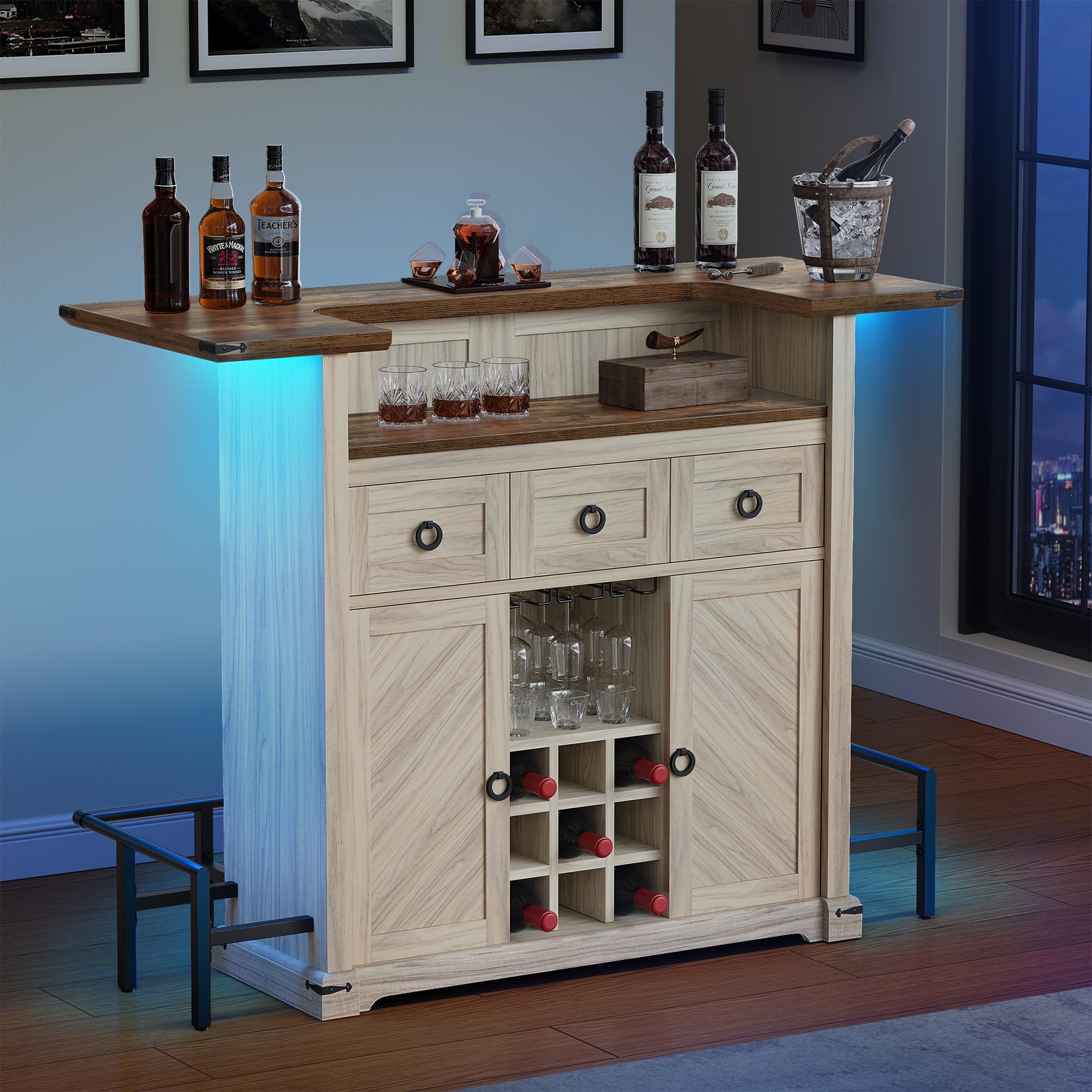 YITAHOME Farmhouse Bar Cabinet with LED Lights, Drawer & Wine Storage - Home Bar Unit with Glasses Holder & Footrest for Living Room, Kitchen, Dining Room - Off White & Walnut Grain Mini Bar Set