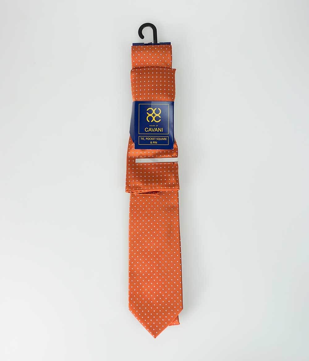 Cavani Orange & White Polka Dot Silk Tie Set for Men - Perfect for Weddings, Business Meetings & Formal Occasions