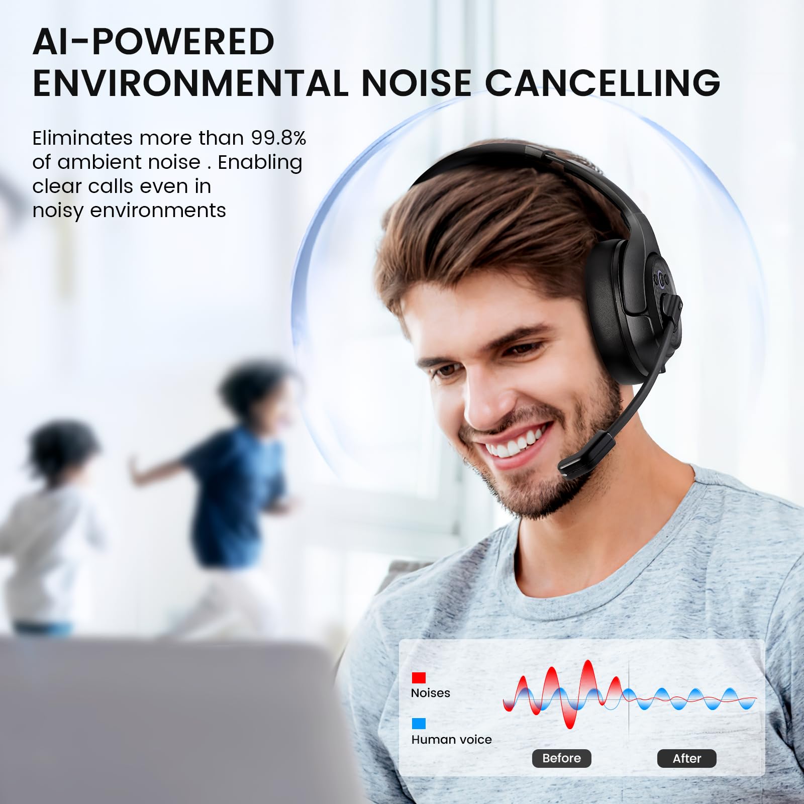 EKSA Bluetooth Trucker Headset - Wireless Headset with Noise Cancelling Mic & USB Dongle, 99ft Range, Volume Control, Single Ear Headphone for PC/Mac/Phone - Perfect for Truck Drivers, Call Centers & Online Gaming