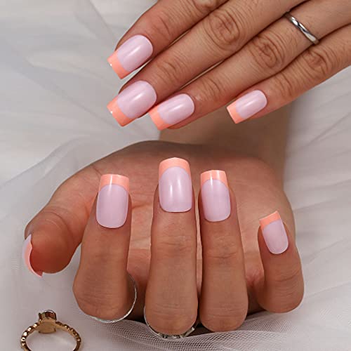Glossy Pink Press on French Nails - Square Short Fake Nails with Orange Tips - 24Pcs Full Cover Artificial Nails Set for Women & Girls - Perfect for Wedding, Party, Prom, Ballerina and Daily Wear (Style A)