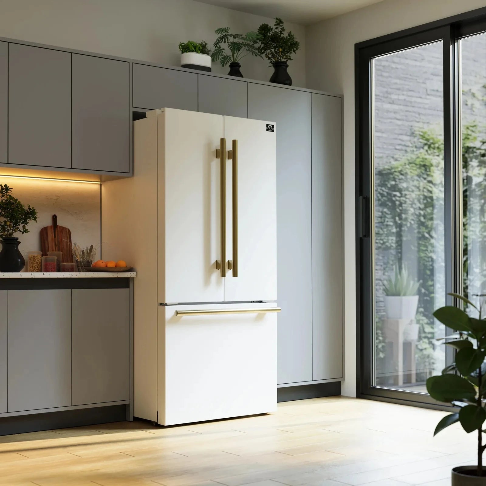 Forno Espresso Gallipoli 30-Door Refrigerator with Ice Maker - White Finish & Antique Brass Handles (Model FFFFD1974 31WHT) | Perfect for Home Bars, Kitchen Upgrades & Entertaining Spaces