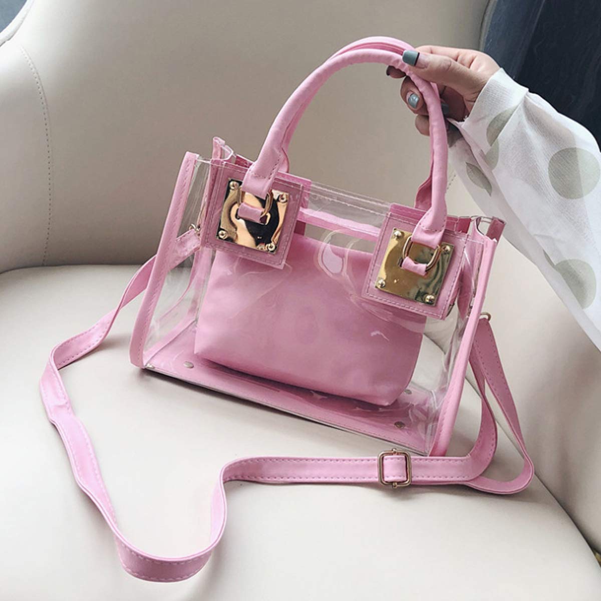 Women's 2-Piece PVC Clear Tote Bag Set - Shoulder & Handbag for Daily Use