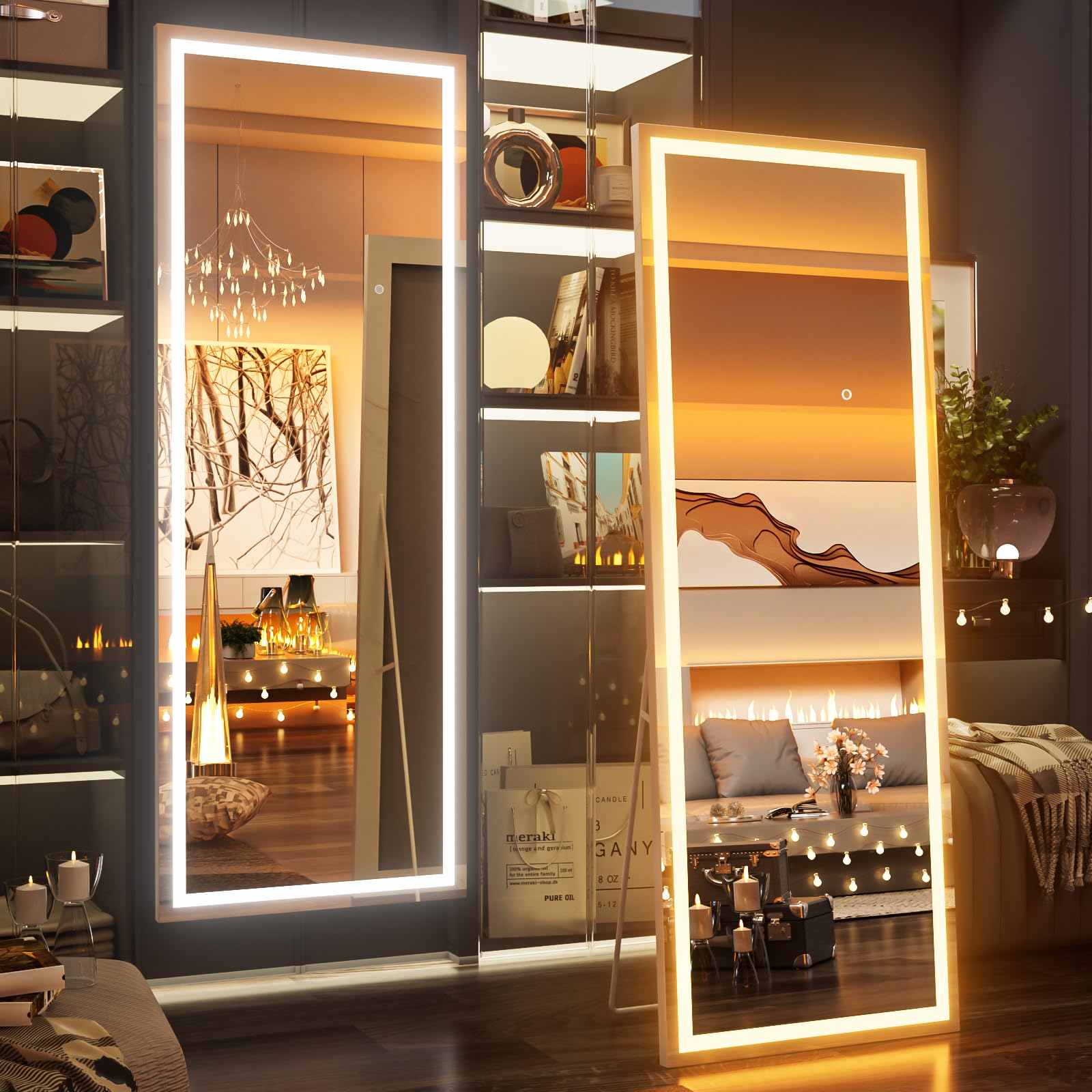67X20 Inch LED Full Length Mirror with Lights - Dimmable & 3 Color Modes, White Frame Lighted Floor Mirror for Dressing Room, Bedroom, Gym - Stand and Wall Mounted Long Mirror for Full Body Viewing
