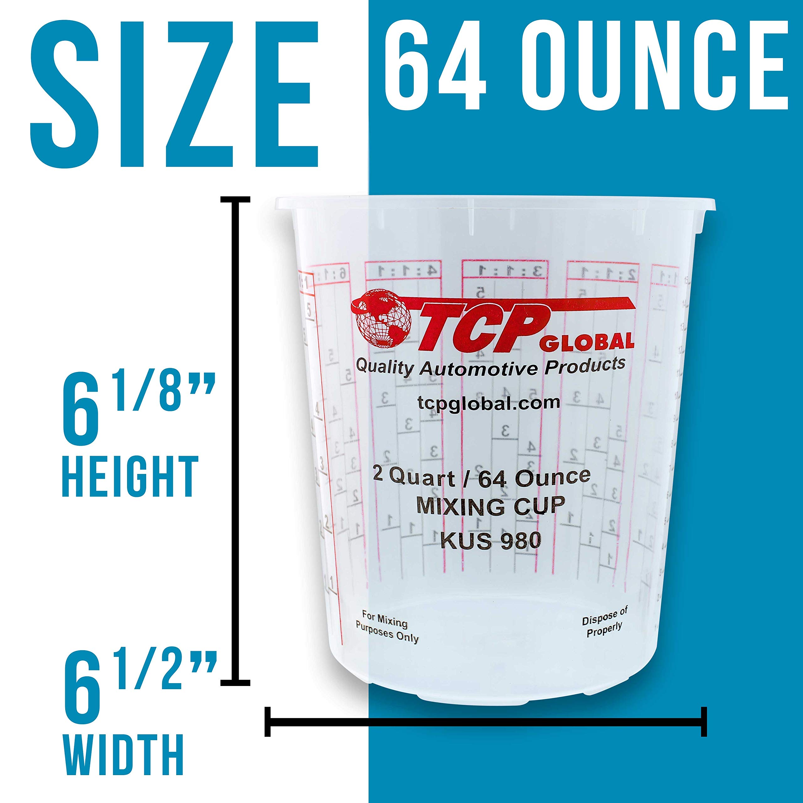 Custom Shop Paint Mixing Cups - 64oz (2-Quarts) Plastic Measuring Cups for Epoxy Resin, Automotive Painting & Acrylic Art | Disposable/Reusable with Graduated Markings & Mixing Ratios | Perfect for DIY Crafts, Kitchen Use & Professional Workshops (Box of 100)