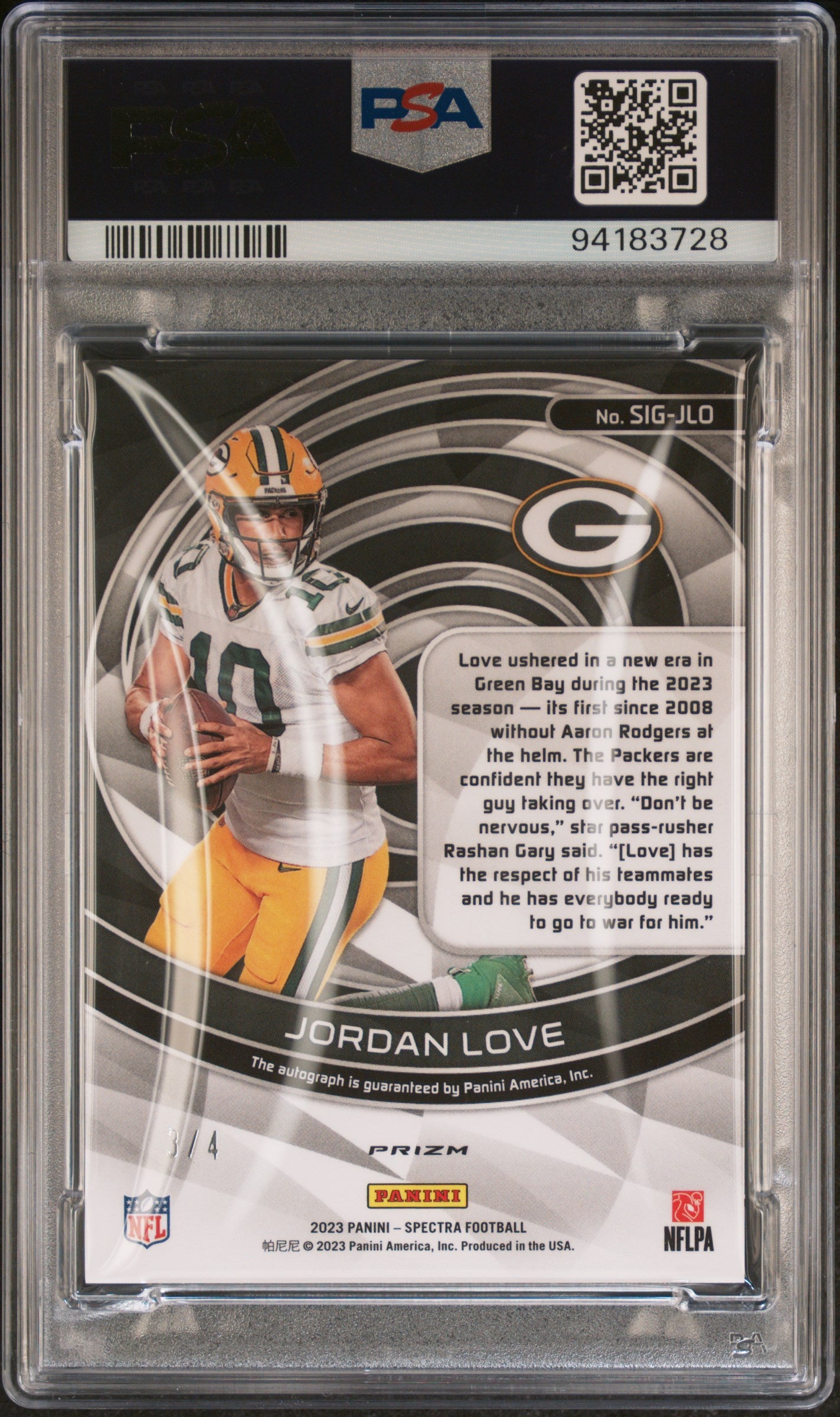2023 Spectra Signatures Auto Jordan Love Signature Neon Marble /4 SIGJLO PSA 9 - Rare Football Trading Card for Collectors & Fans - Perfect for Display, Investment & Fantasy Sports